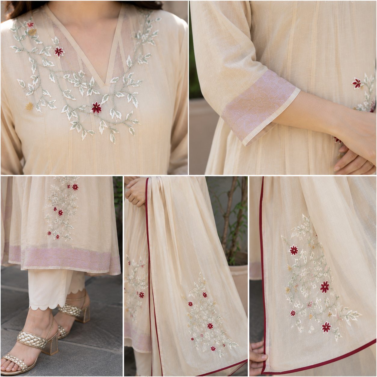 Ivory Floral Embroidered Anarkali Suit Set with Embroidered Dupatta