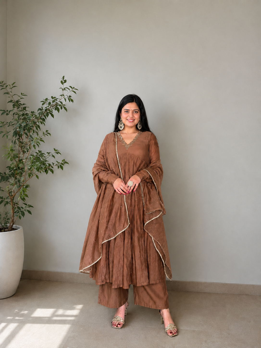 Golden/Muted-Brown Mul Chanderi anarkali with churi sleeves Set of 3