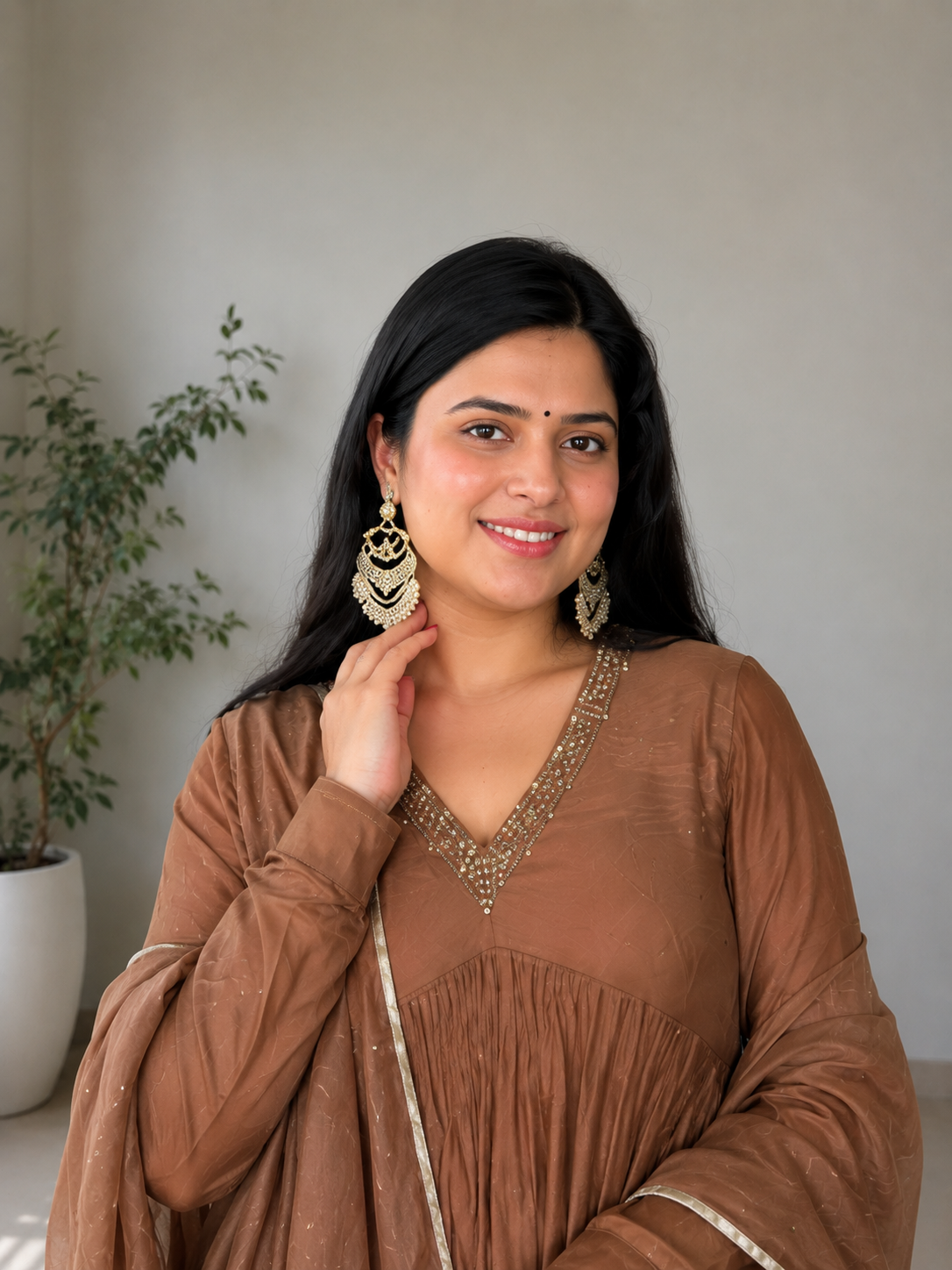 Golden/Muted-Brown Mul Chanderi anarkali with churi sleeves Set of 3
