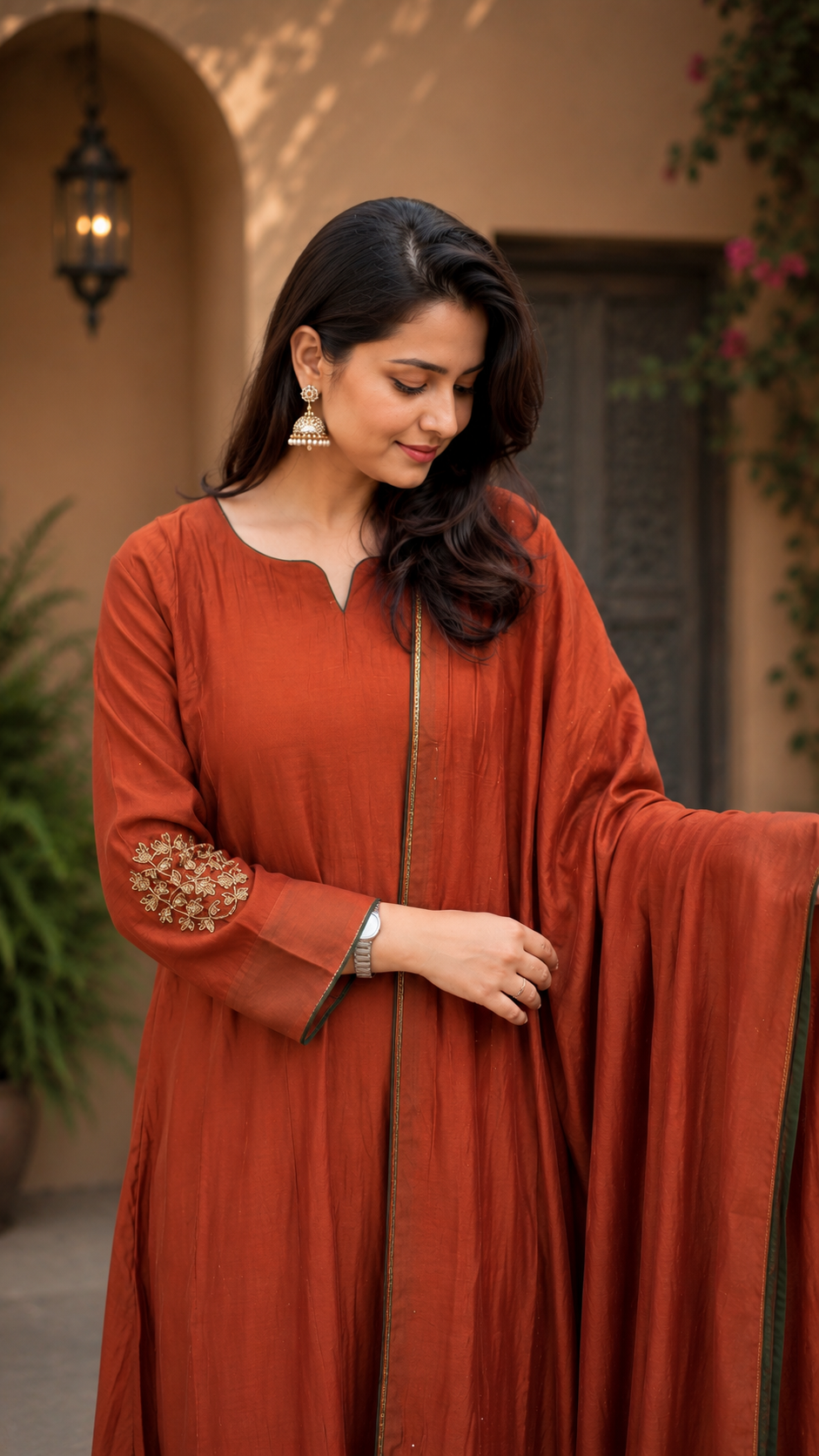 Women's Rust Orange Embroidered Kurta Palazzo Set with Dupatta