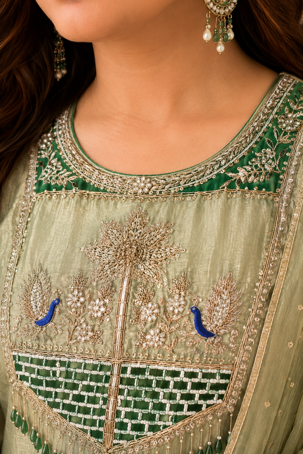 Pastel Sage Green Embroidered Anarkali Kurta Set with Organza Dupatta