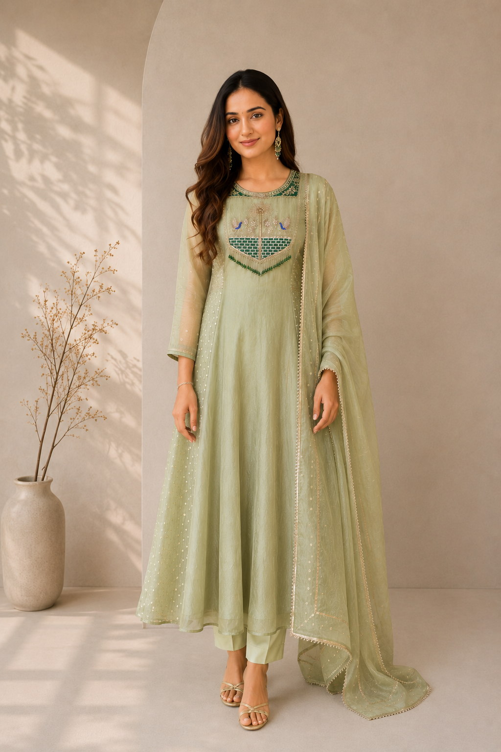 Pastel Sage Green Embroidered Anarkali Kurta Set with Organza Dupatta