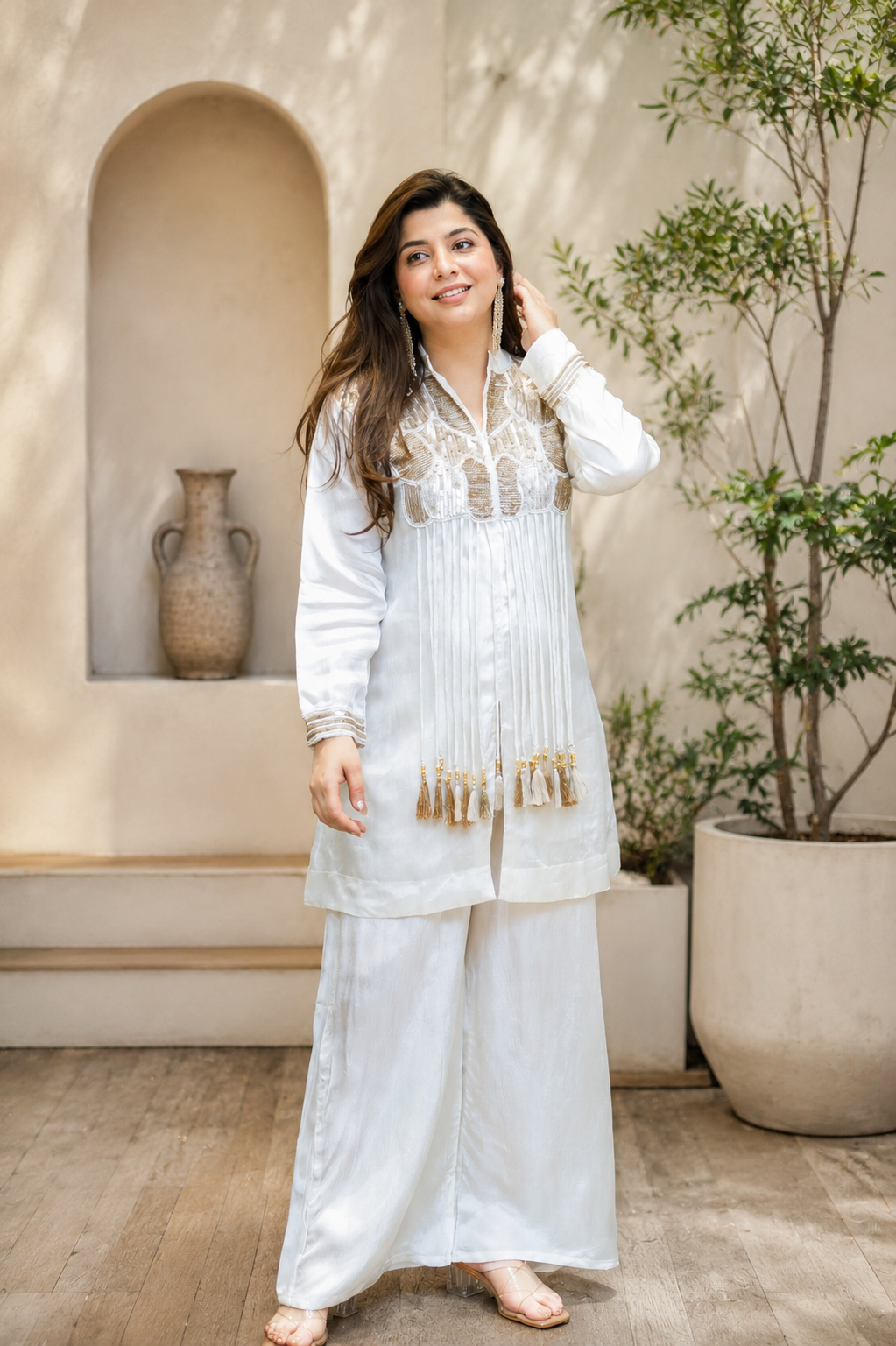 White Embroidered Tassel Co-Ord Set for Women
