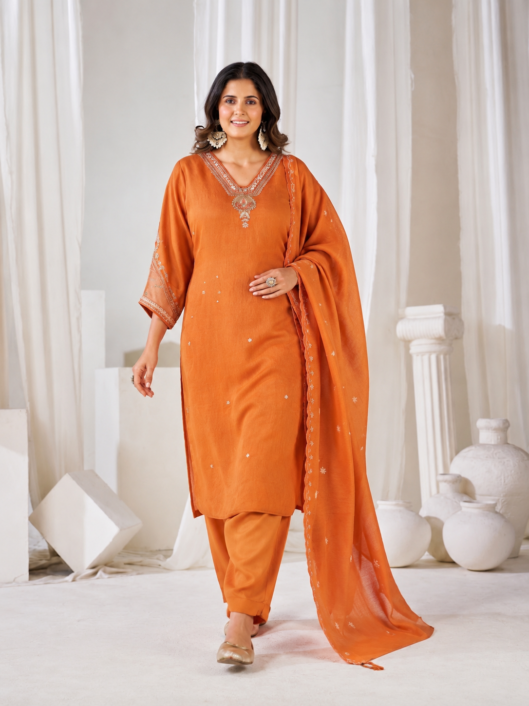 Rust Orange Embroidered Kurta Pant & Dupatta Set for Women