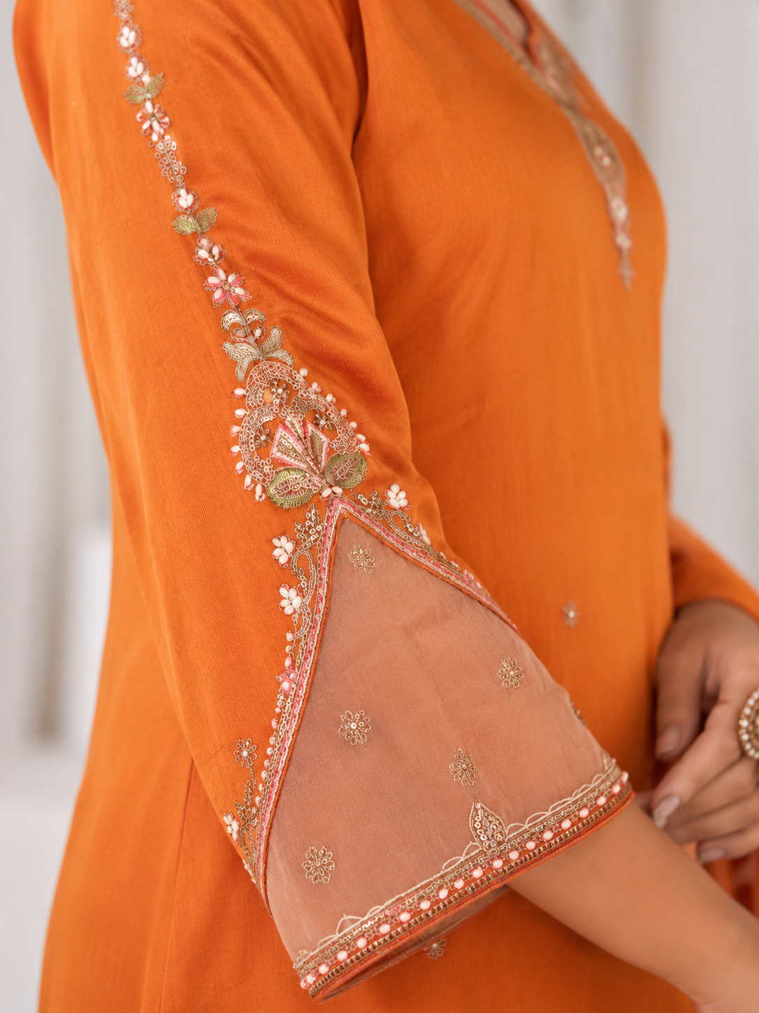 Rust Orange Embroidered Kurta Pant & Dupatta Set for Women