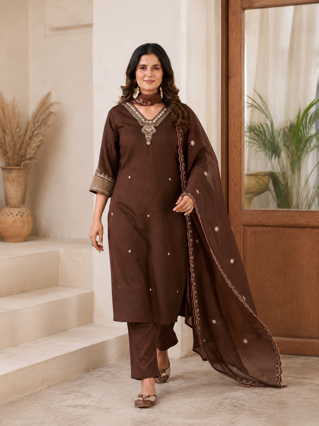 Dark Chocolate Brown Embroidered Kurta Pant & Dupatta Set for Women