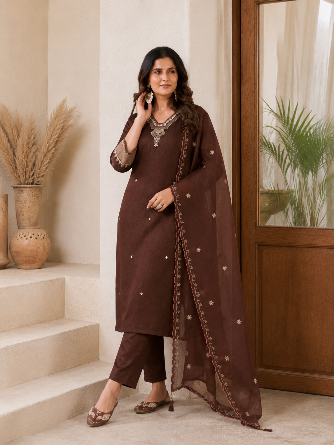 Dark Chocolate Brown Embroidered Kurta Pant & Dupatta Set for Women