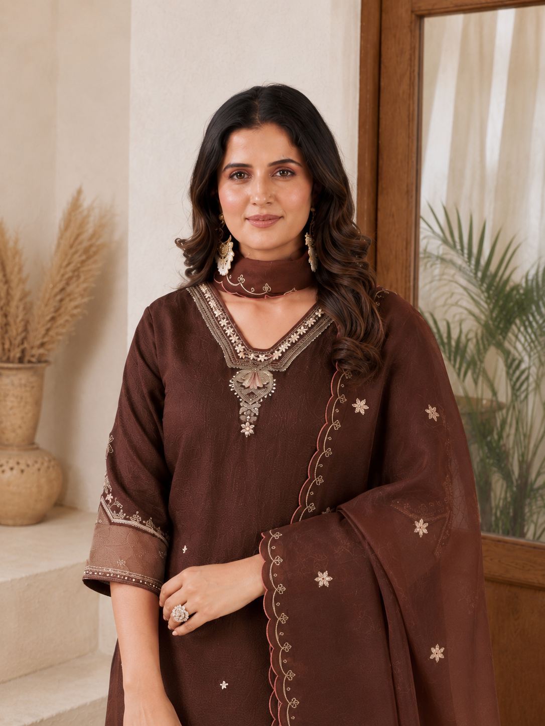 Dark Chocolate Brown Embroidered Kurta Pant & Dupatta Set for Women