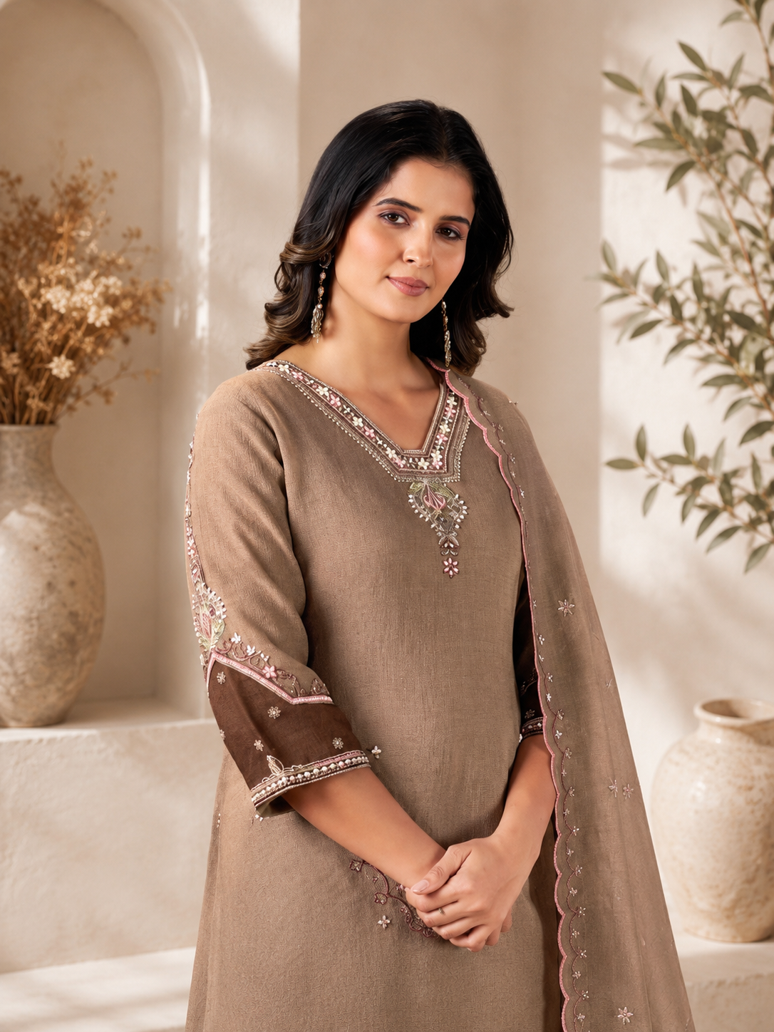 Elegant Taupe Embroidered Kurta Pant & Dupatta Set for Women