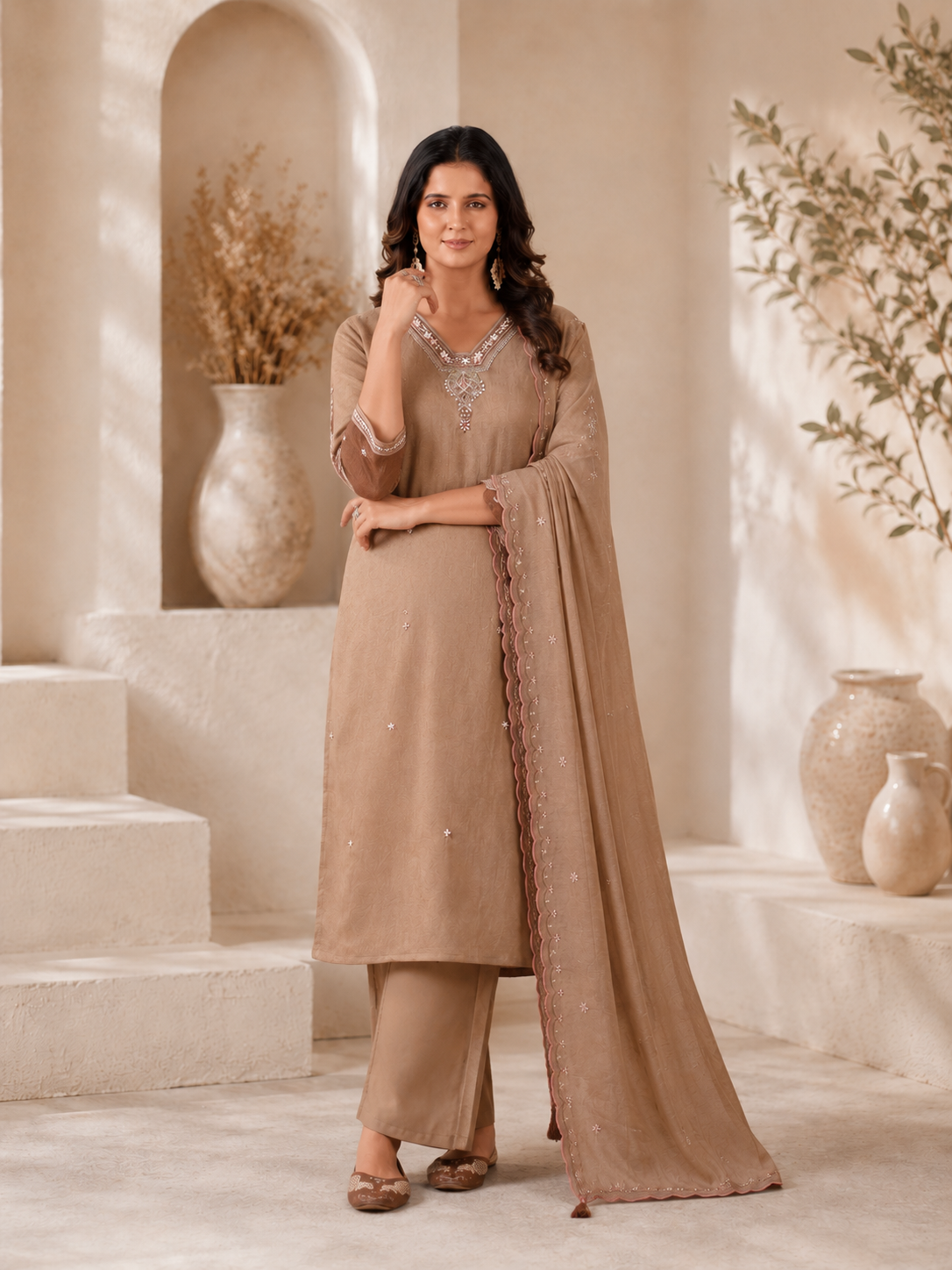 Elegant Taupe Embroidered Kurta Pant & Dupatta Set for Women
