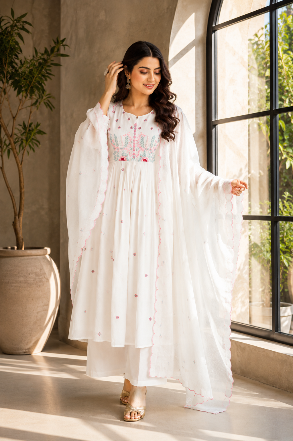 cotton anarkali dresses Elegant White Suit Set with Floral Embroidery Dupatta Size:8.5 US Men (7.5 UK/AU) Julie Maxi Dress in inch length offers ease may-launch-2289