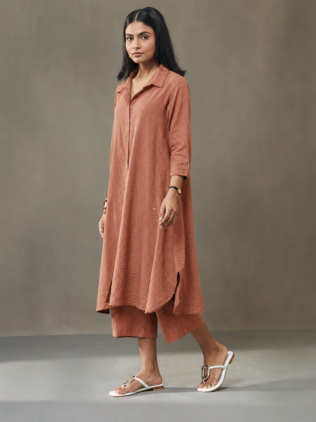 Women’s Navy Brown Striped Kurta with Culottes Set