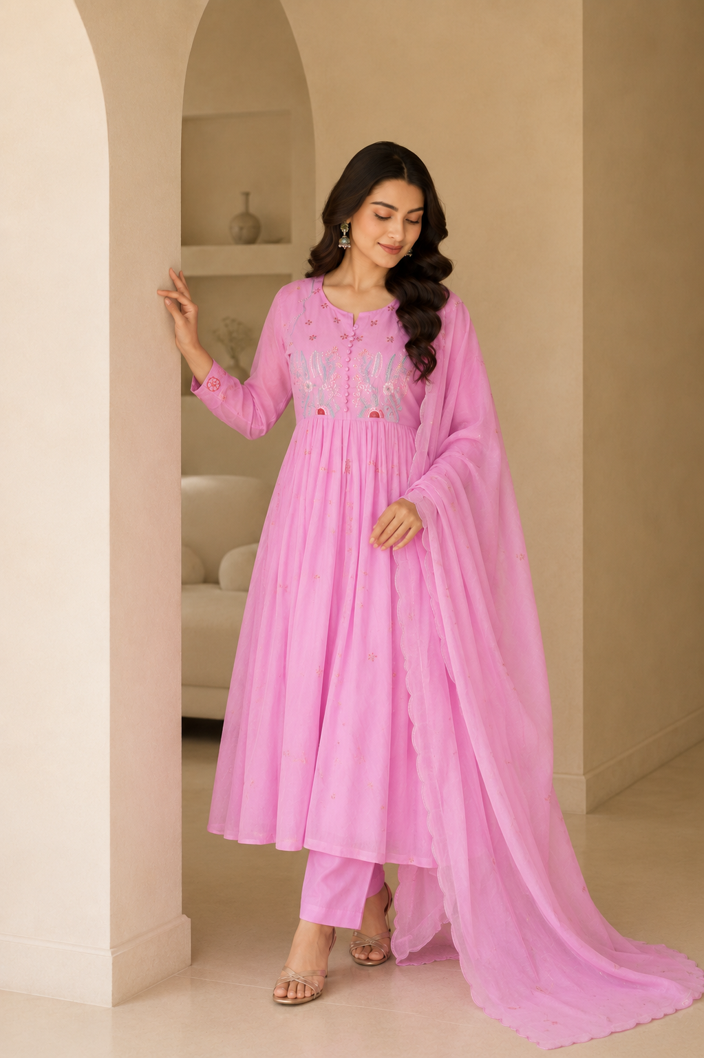 Elegant Pink Cotton Anarkali Suit Set with Floral Embroidery Dupatta