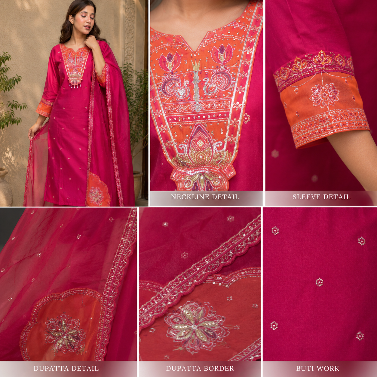 Women's Magenta Embroidered Kurta Pant Dupatta Set