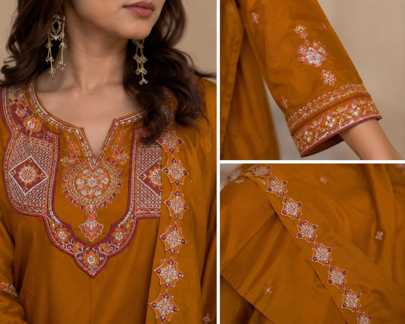 Women's Mustard Embroidered Kurta Pant Dupatta Set