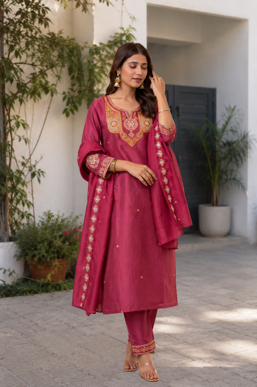 Women's Wine Magenta Embroidered Kurta Pant Dupatta Set