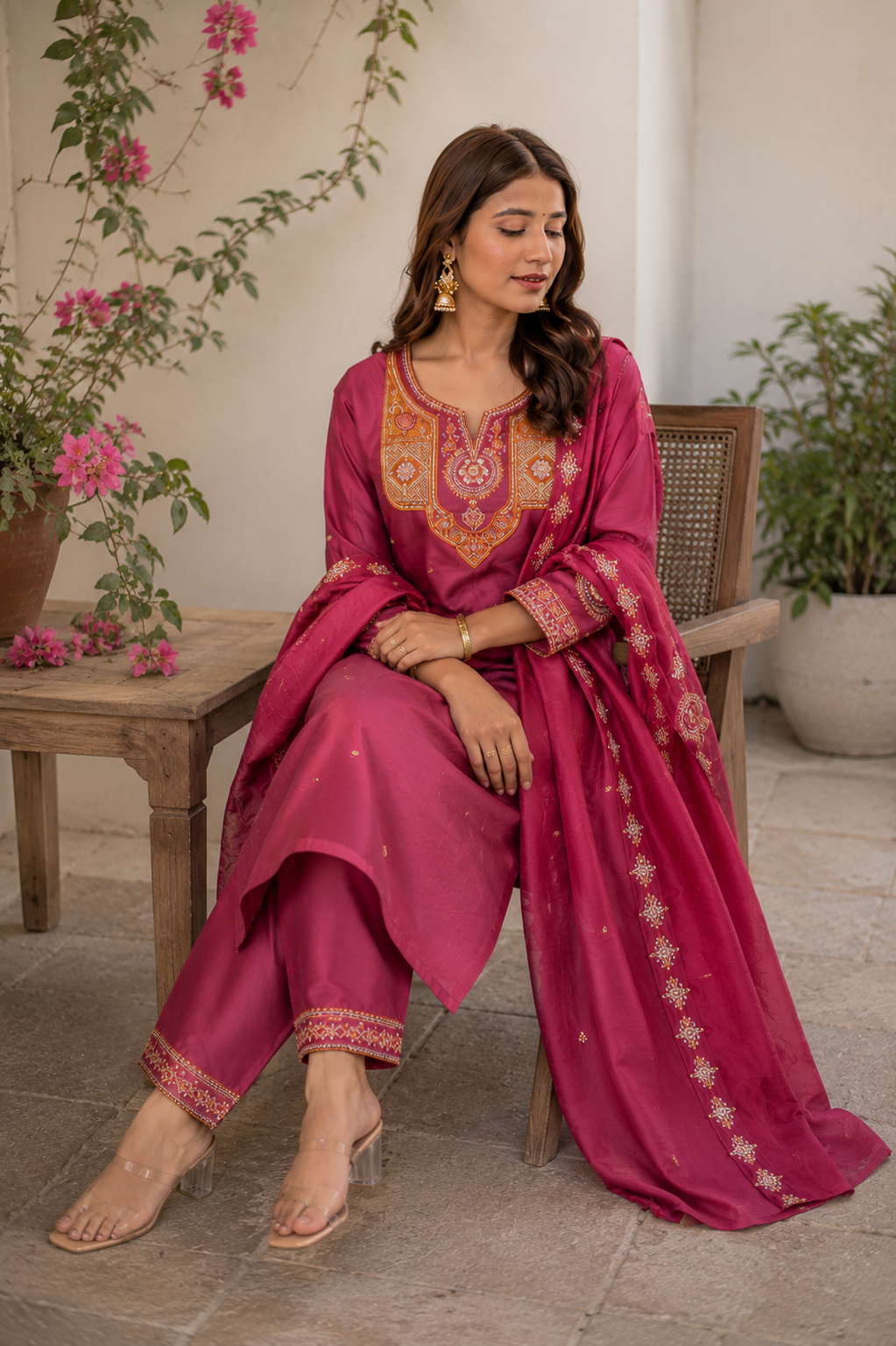Women's Wine Magenta Embroidered Kurta Pant Dupatta Set