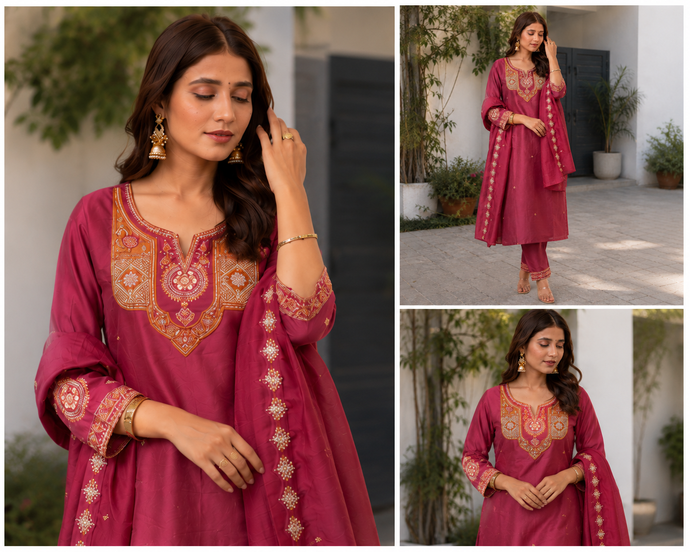 Women's Wine Magenta Embroidered Kurta Pant Dupatta Set