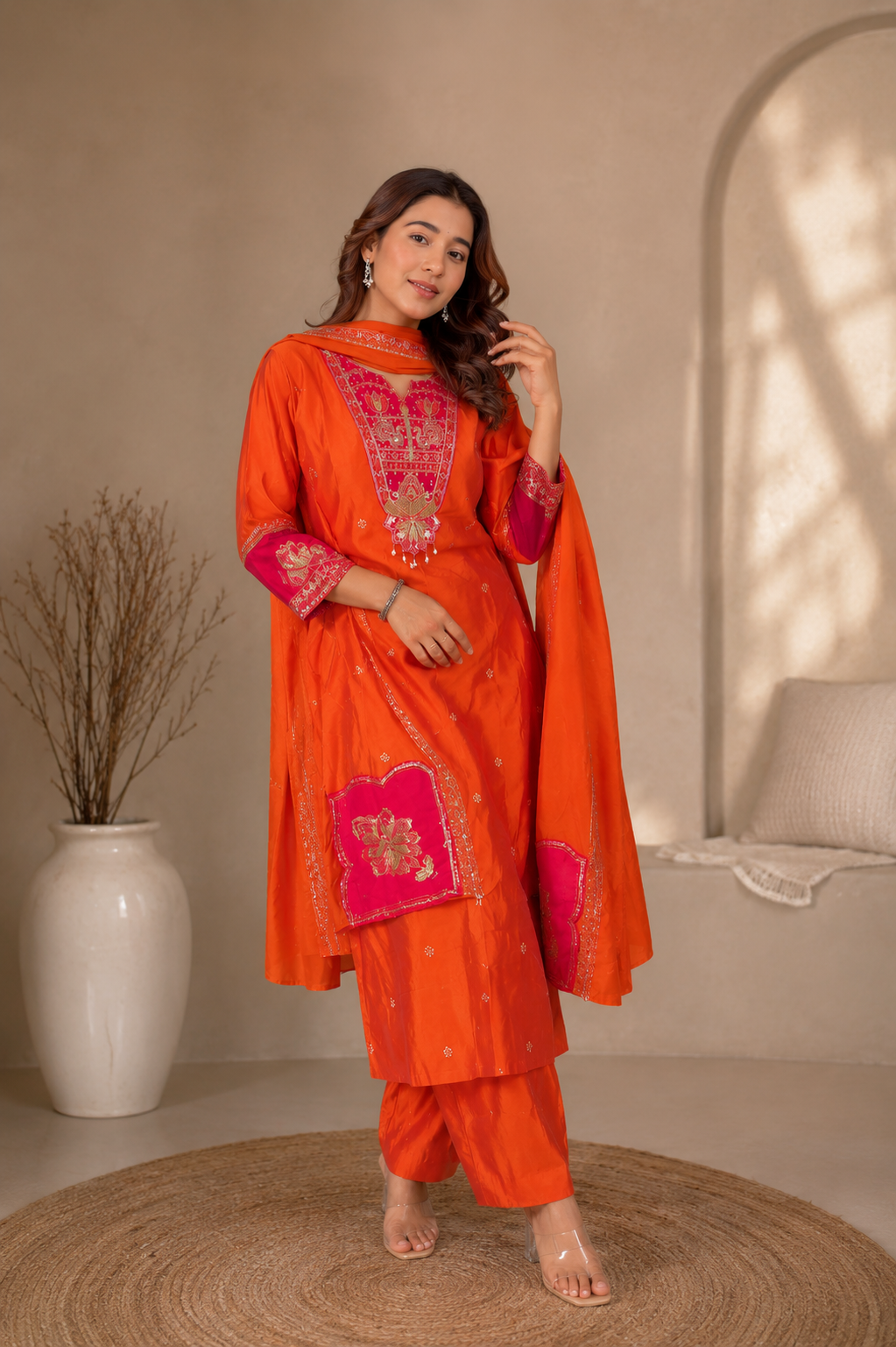 Women's Orange Embroidered Kurta Pant Dupatta Set