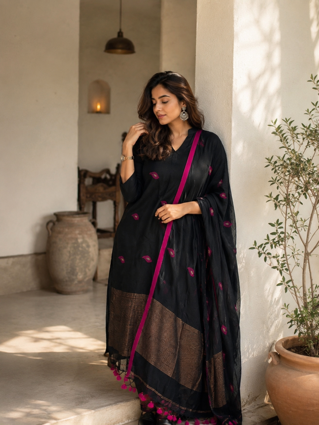 Black Magenta Designer jacquard Suit Set with Dupatta