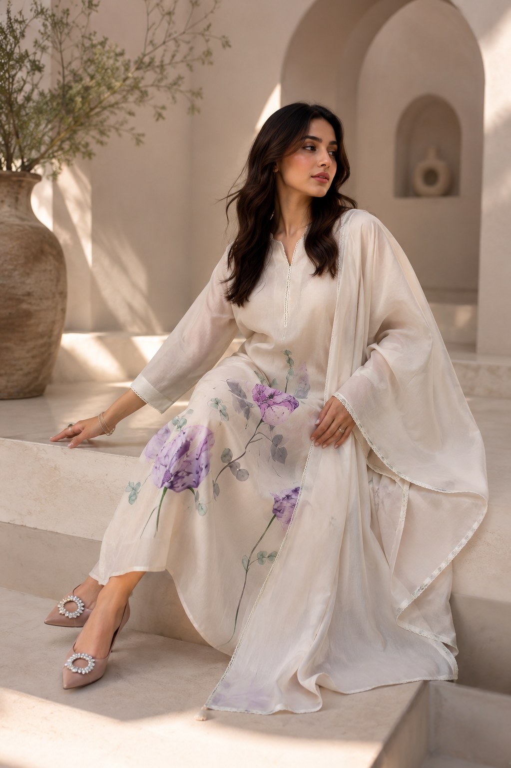 Elegant Floral Print Kaftan Style Kurta Set with Dupatta