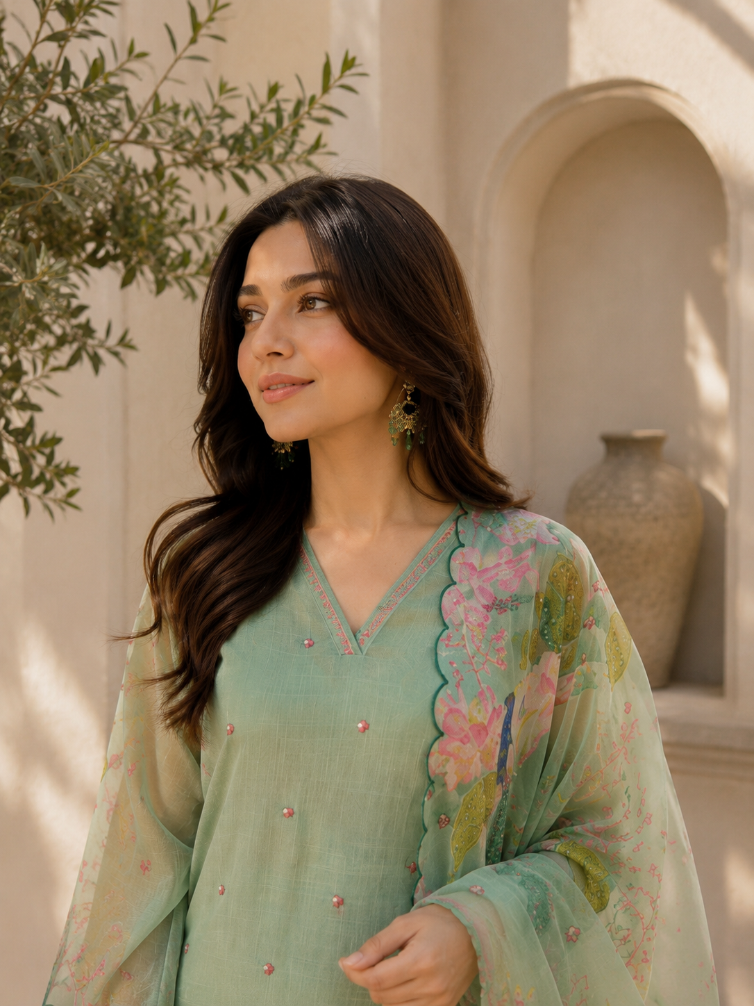 Peacock Floral Embroidered Mint Green Organza Salwar Suit Set