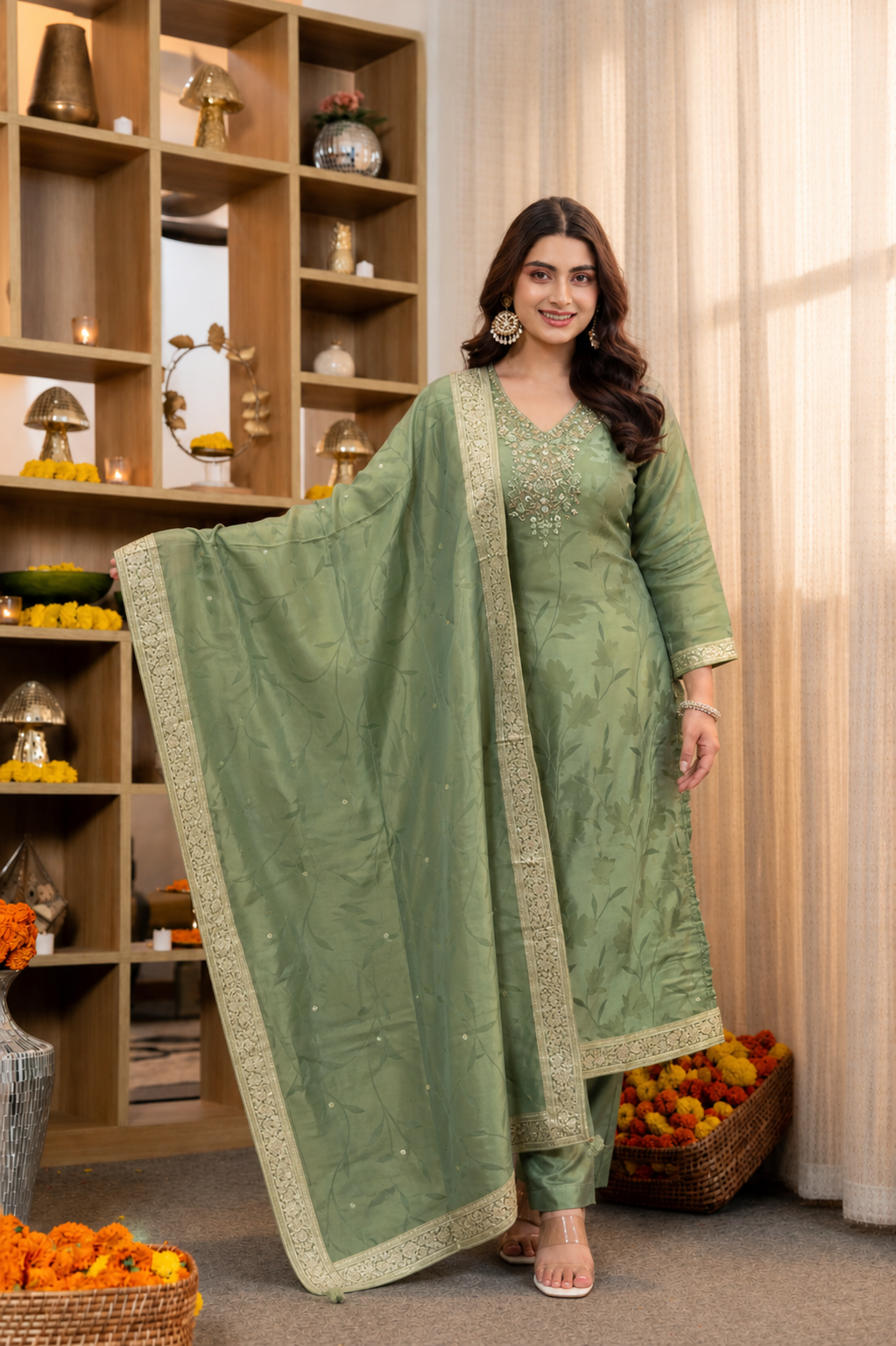 Elegant Sage Green Embroidered Kurta Set with Organza Dupatta for Women