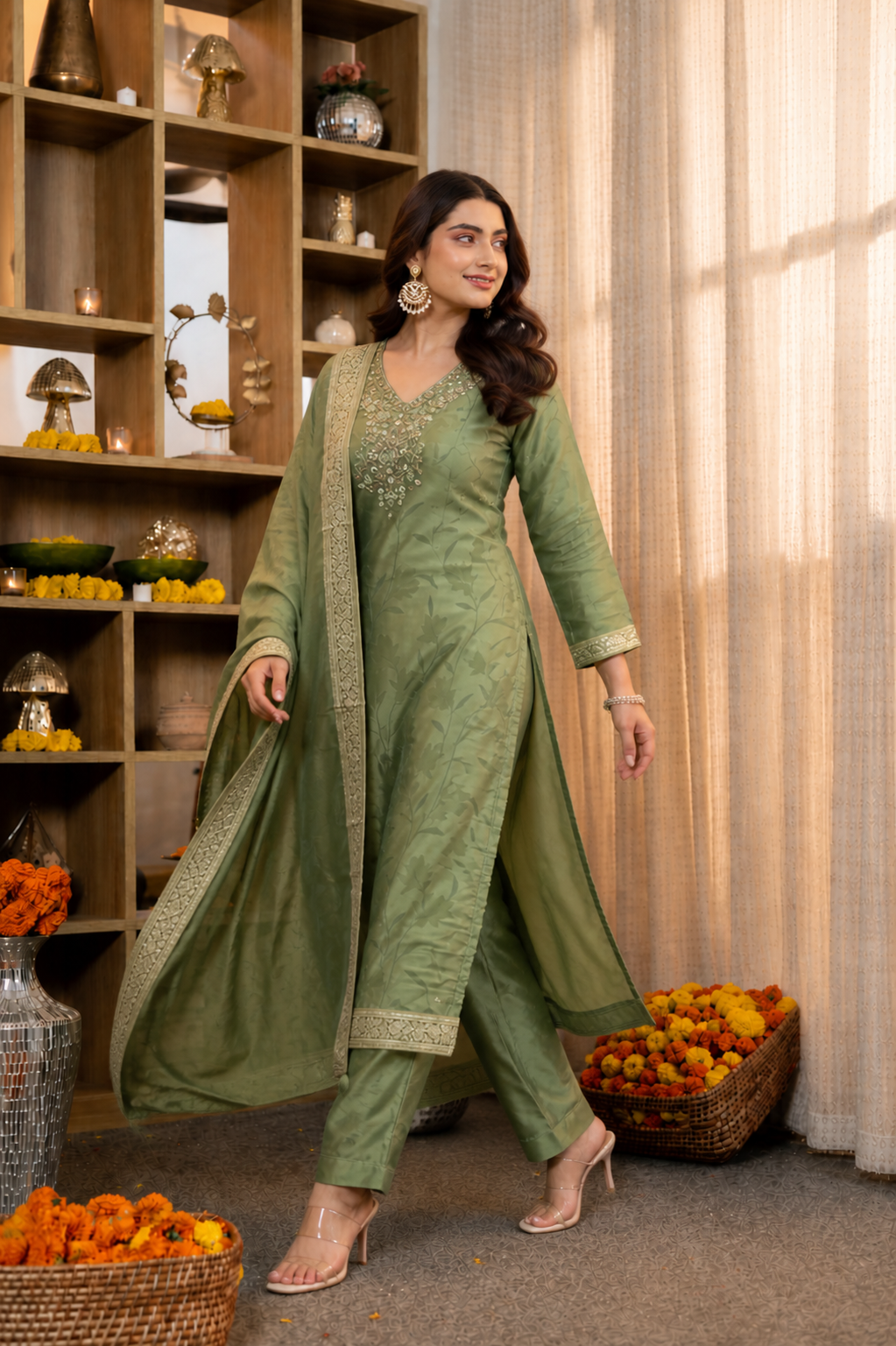 Elegant Sage Green Embroidered Kurta Set with Organza Dupatta for Women