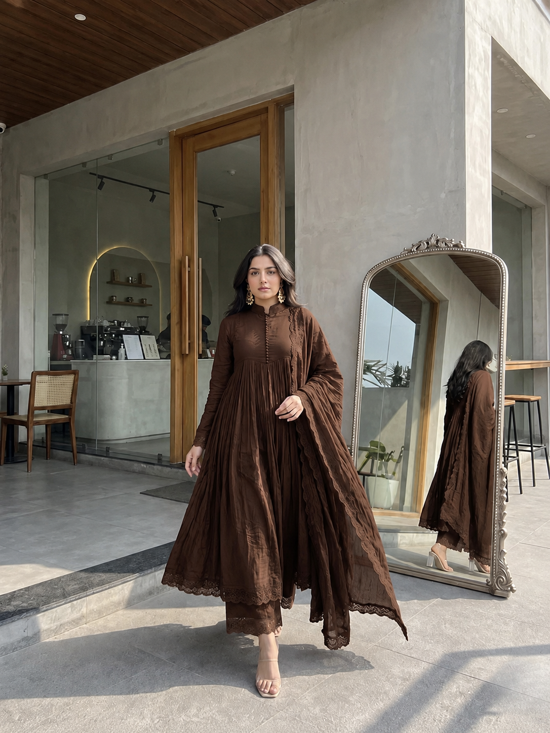 Brown Flared Anarkali Suit Set with Dupatta