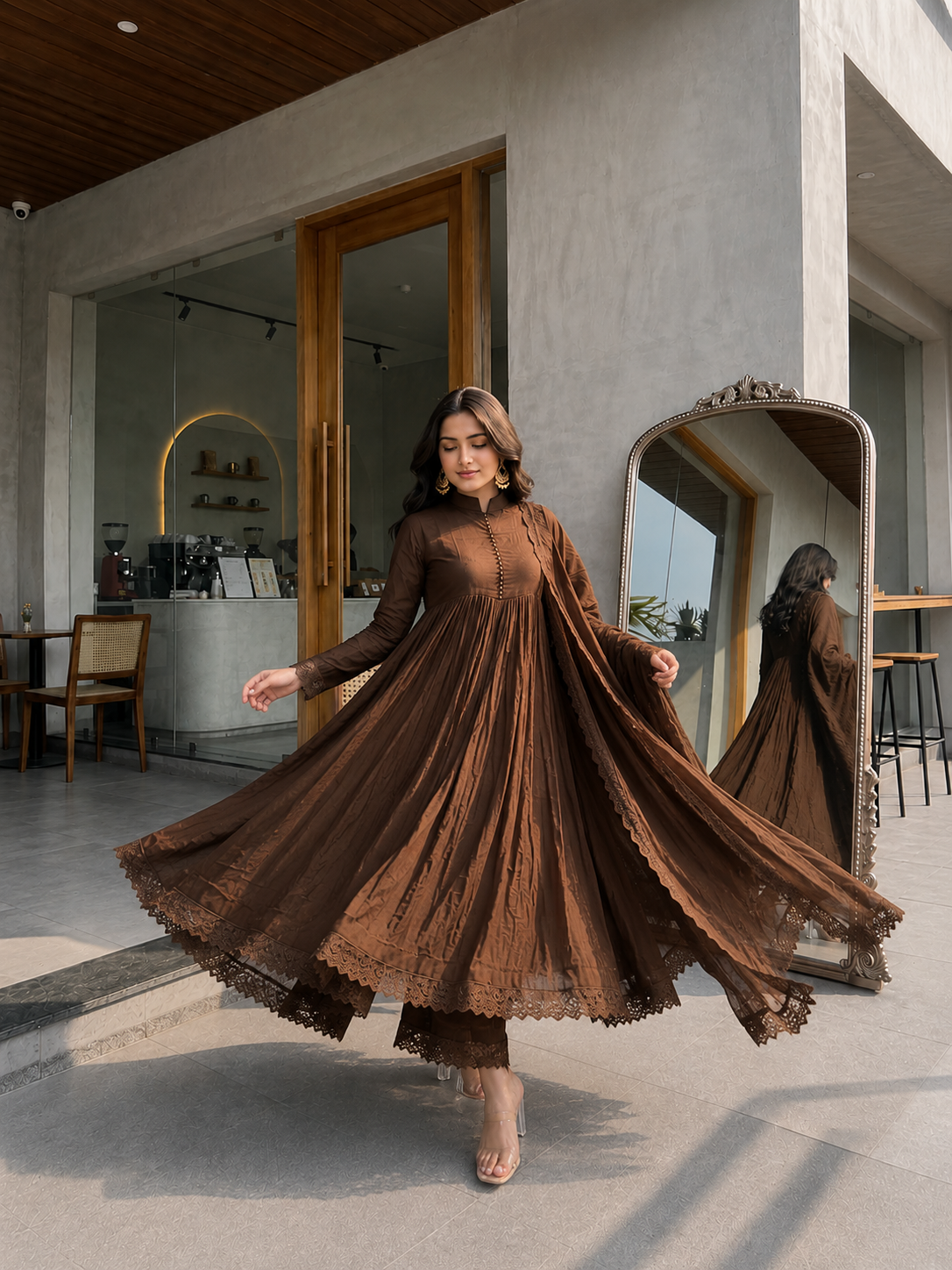 Brown Flared Anarkali Suit Set with Dupatta Brown Flared Anarkali Suit Set with Dupatta