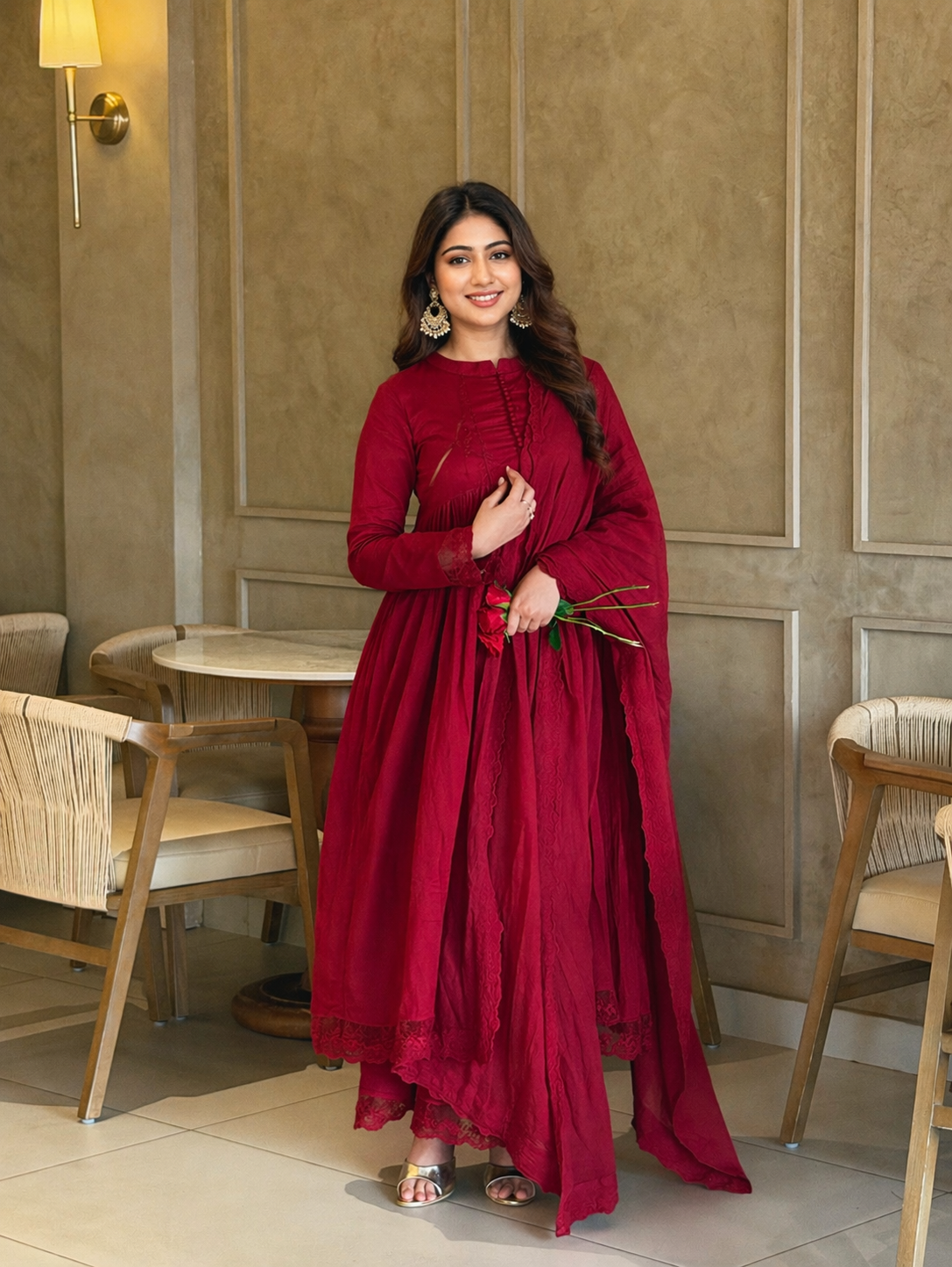 Elegant Wine Red Anarkali Suit Set with Dupatta