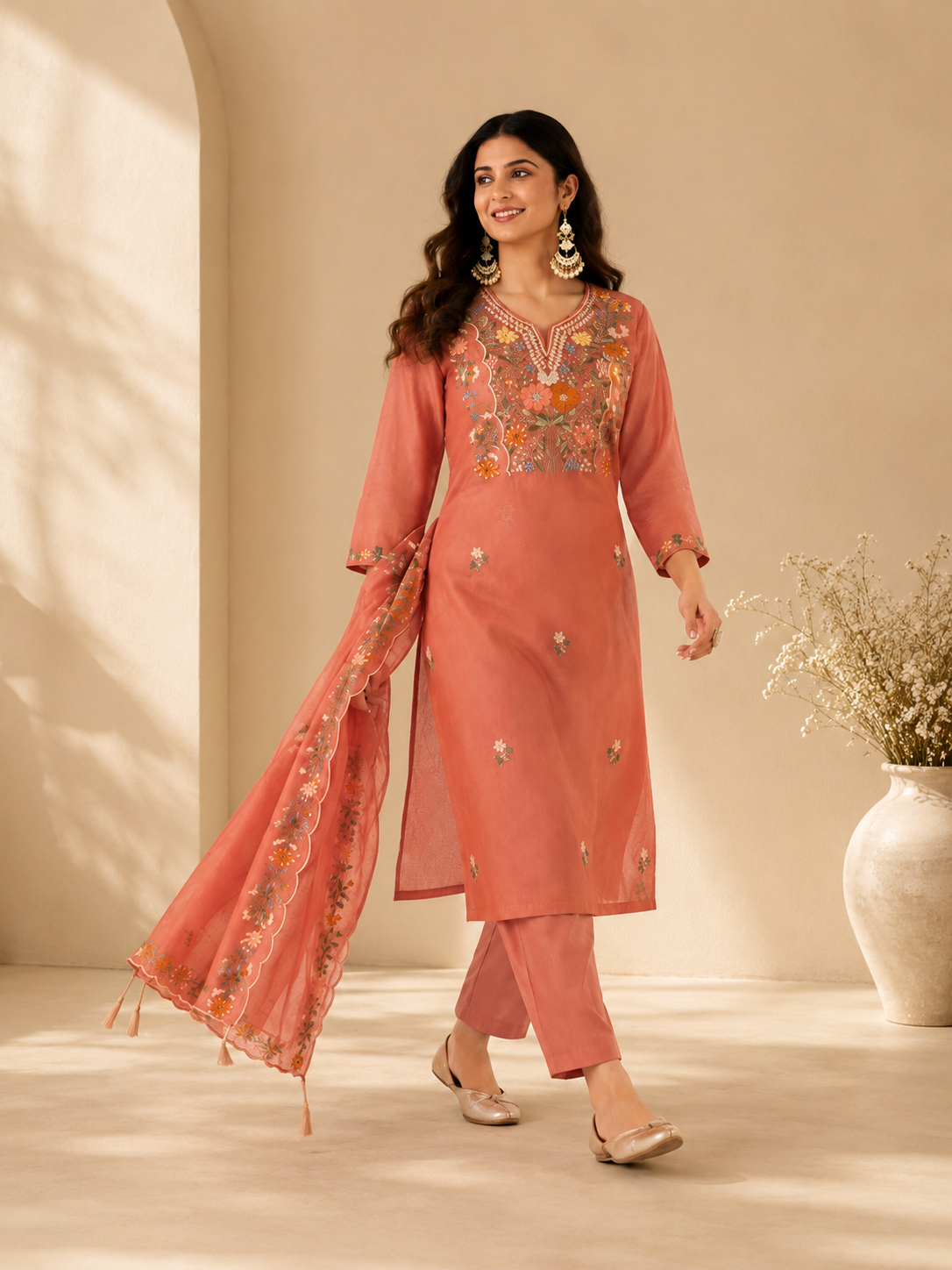 Women's Premium Peach Floral Embroidered Straight Kurta Pant Set
