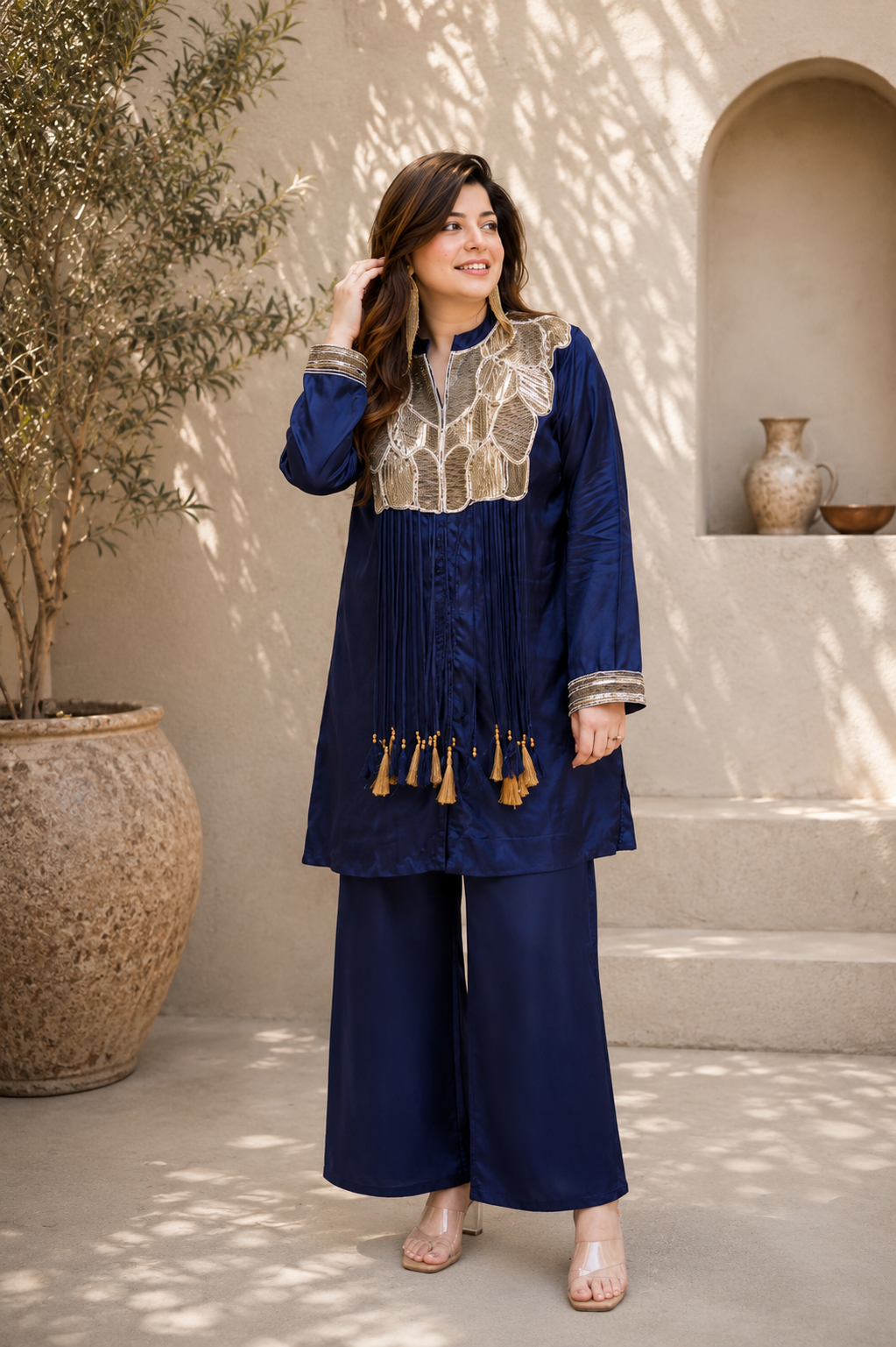 Navy Blue Embroidered Tassel Co-Ord Set for Women
