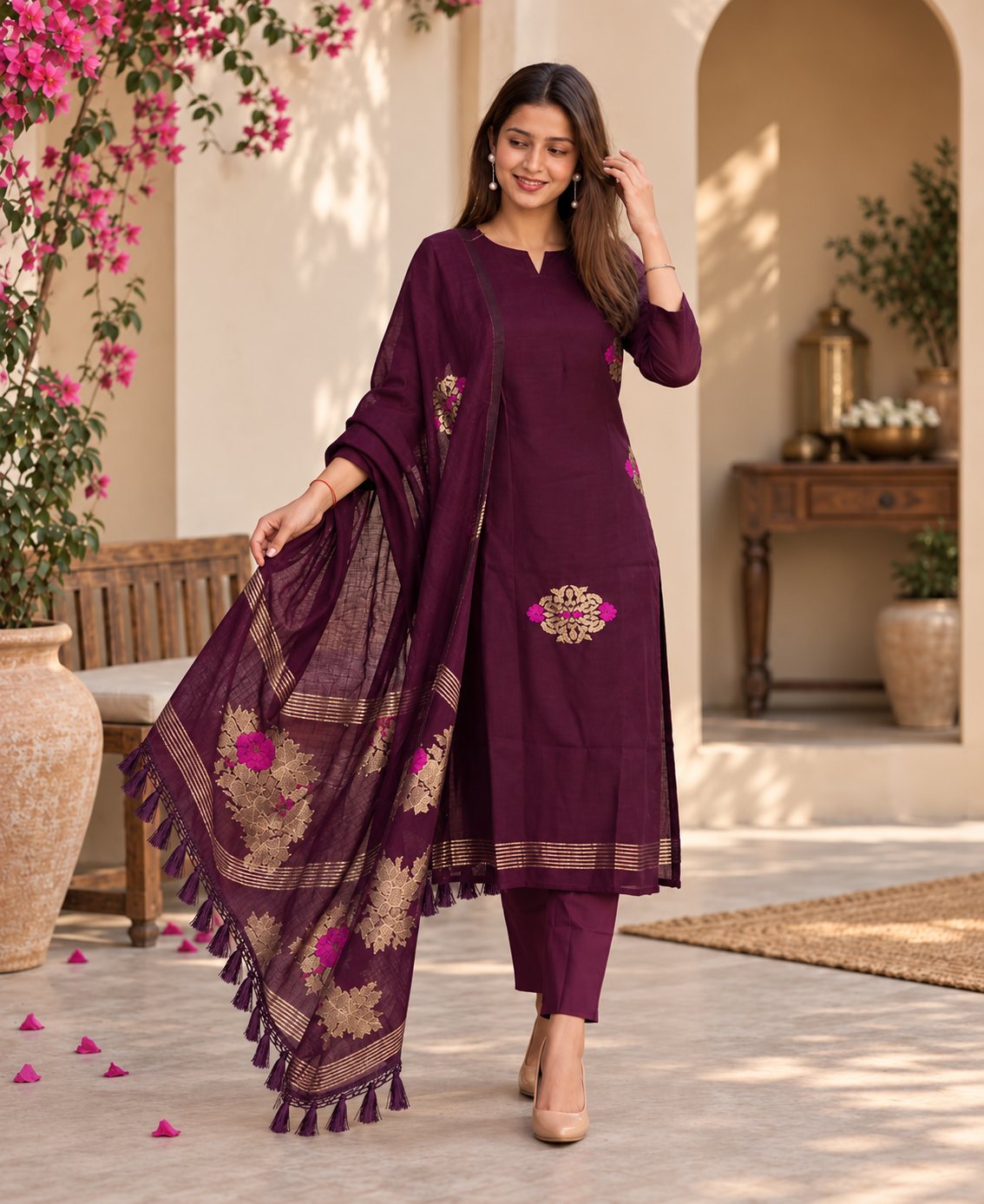 Wine Maroon Embroidered Kurta Pant Set with Printed Dupatta for Women