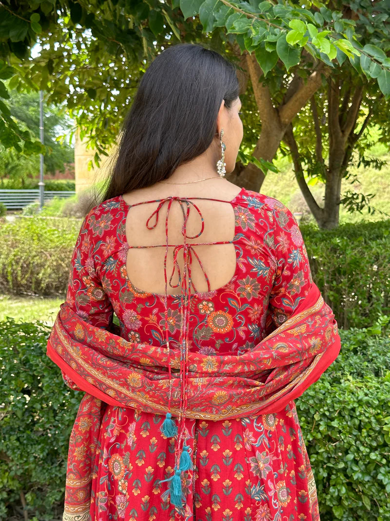 Red Floral Printed Anarkali Kurta Set with Matching Dupatta