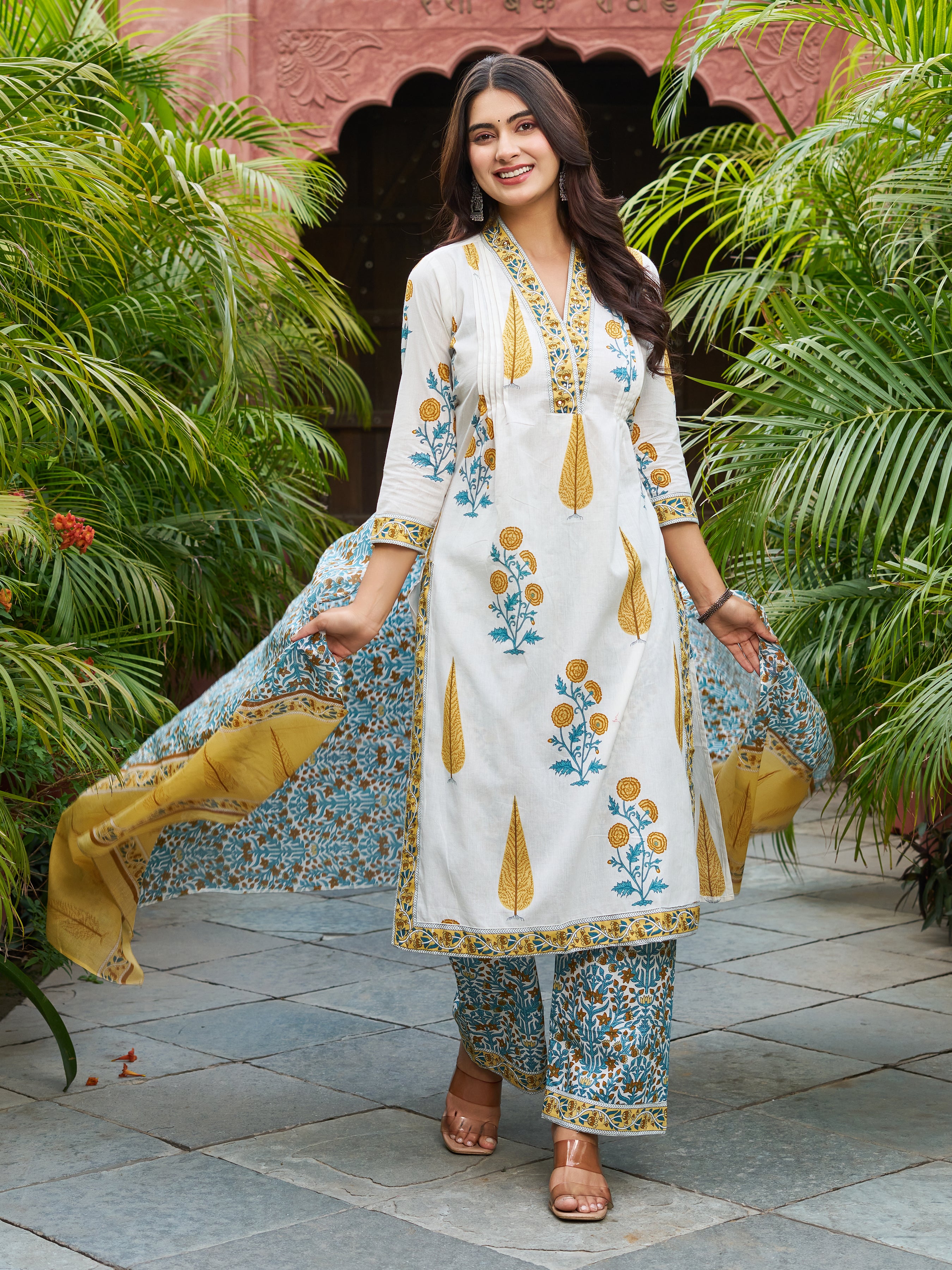 Ivory & Yellow Floral Printed Kurta Set with Matching Dupatta