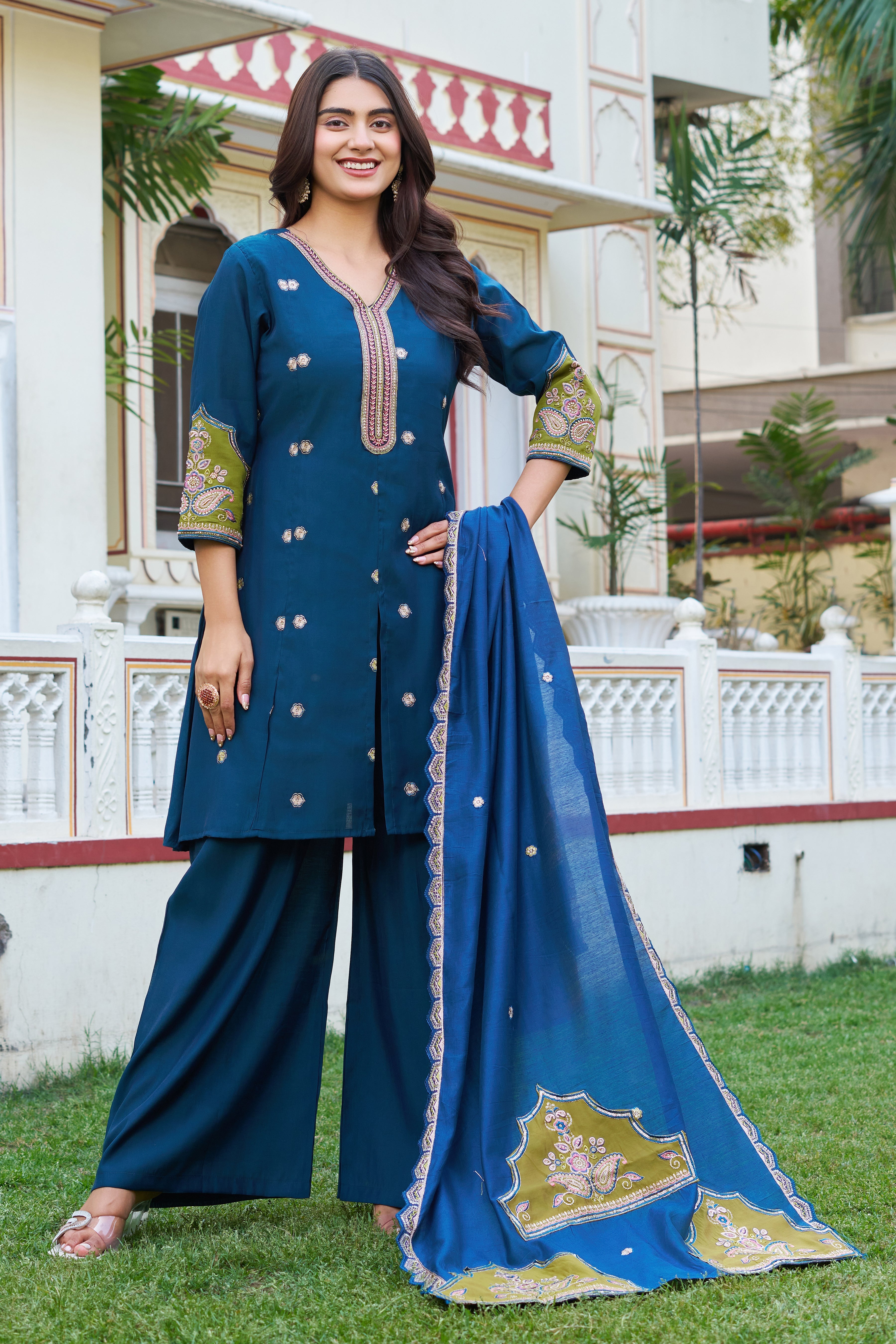 Elegant Teal Blue Embroidered Kurta Palazzo Set with Designer Dupatta