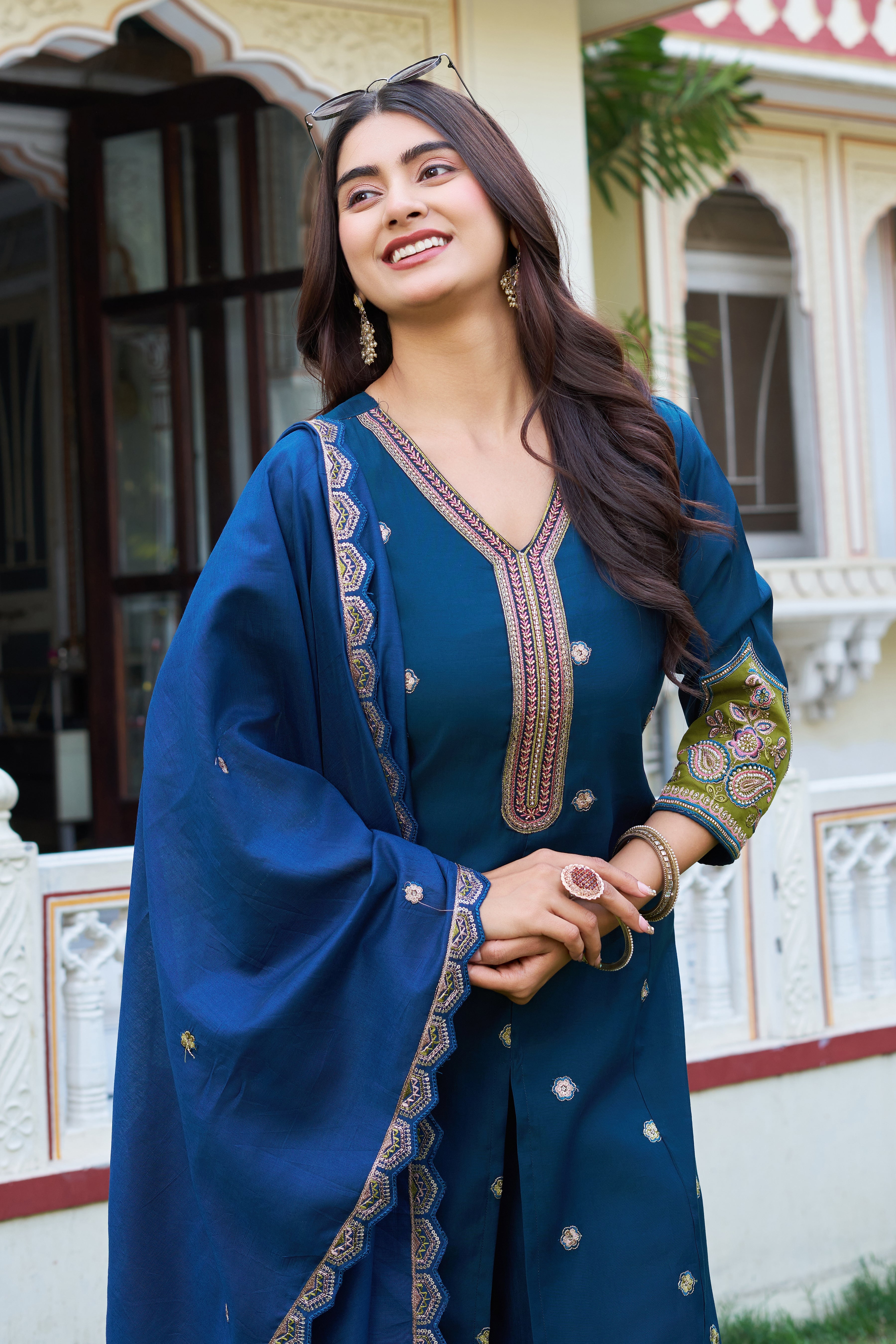 Elegant Teal Blue Embroidered Kurta Palazzo Set with Designer Dupatta
