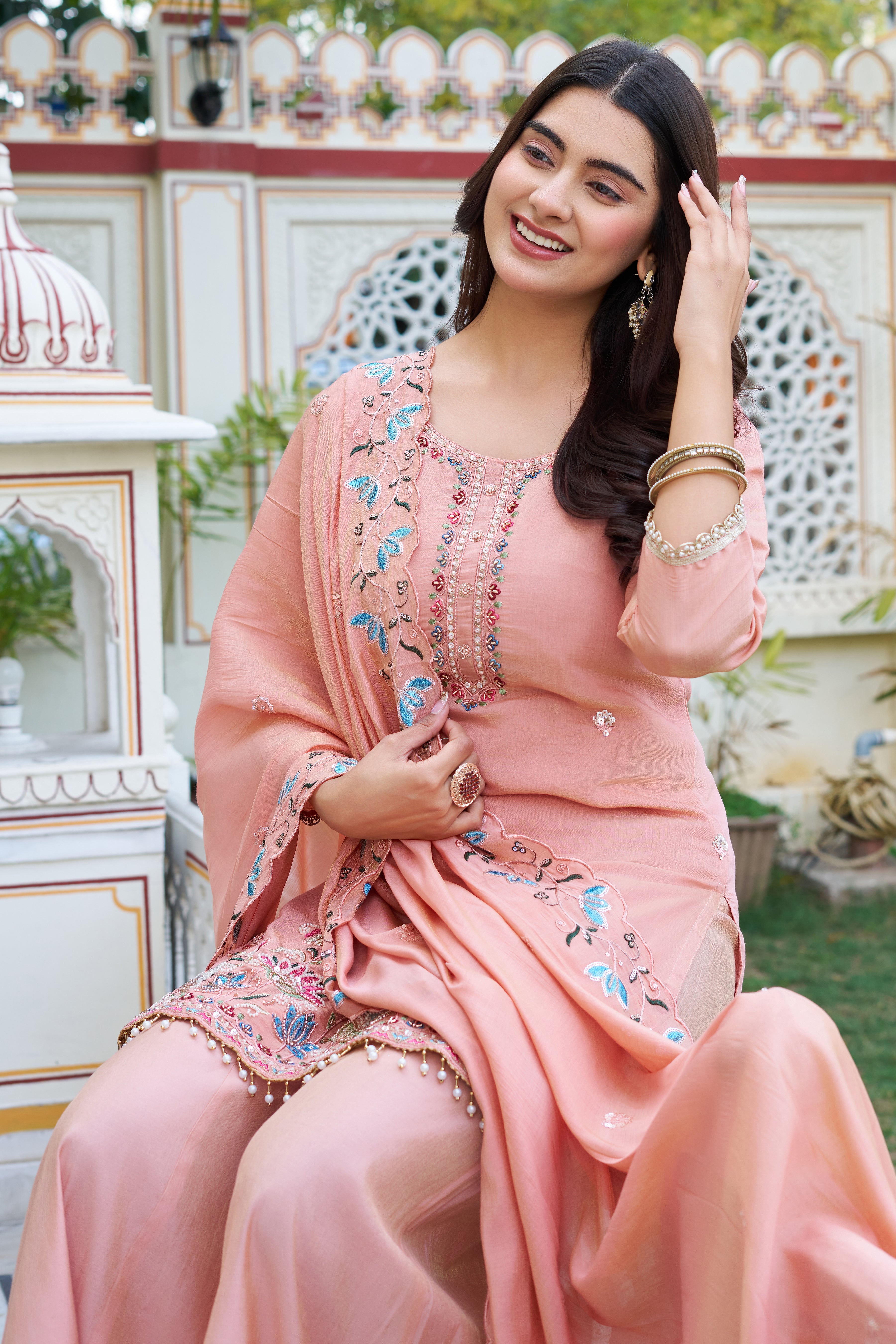 Elegant Pastel Embroidered Kurta Palazzo Set with Dupatta – Ethnic Party Wear Suit