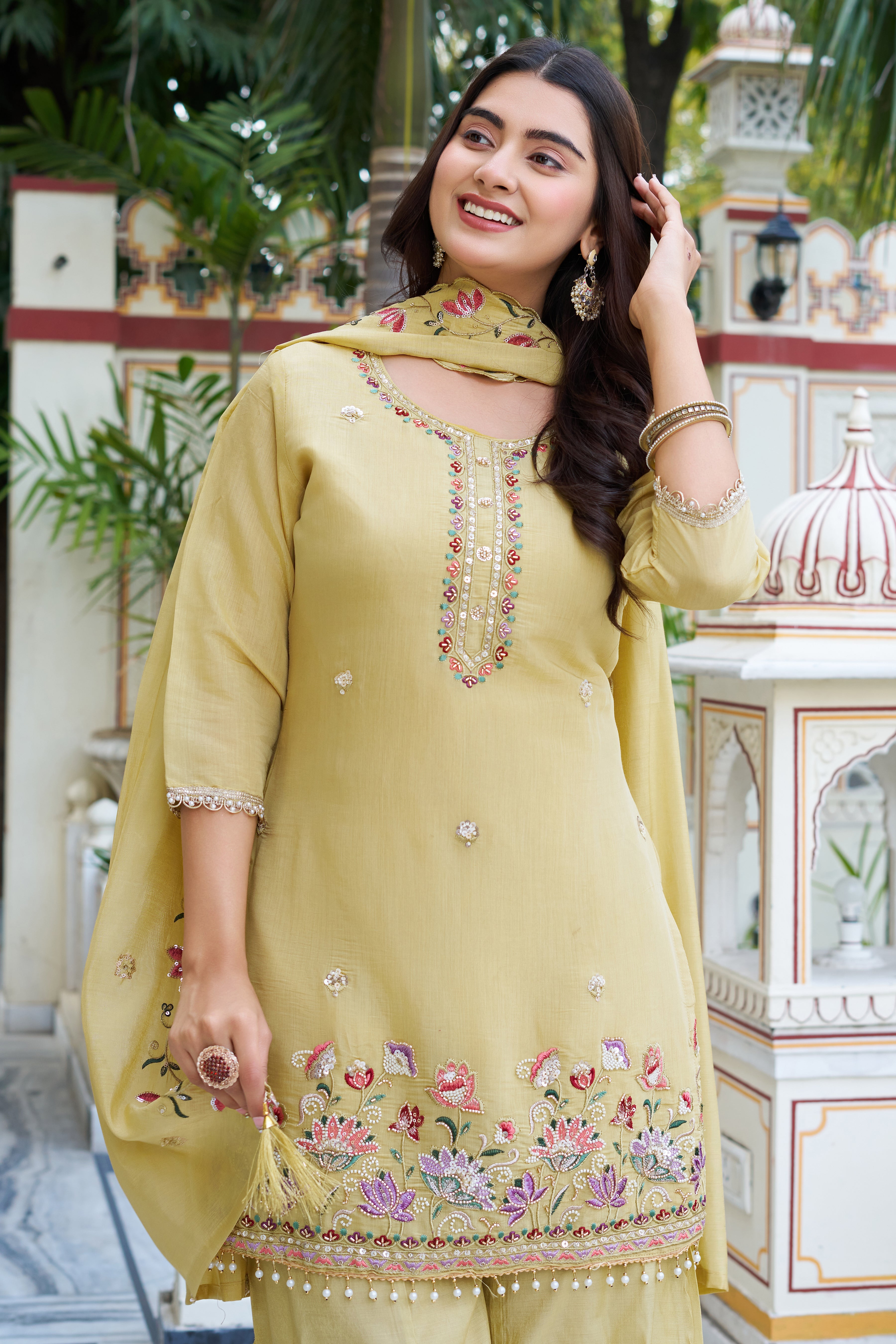 Elegant Pastel Embroidered Kurta Palazzo Set with Dupatta – Ethnic Party Wear Suit