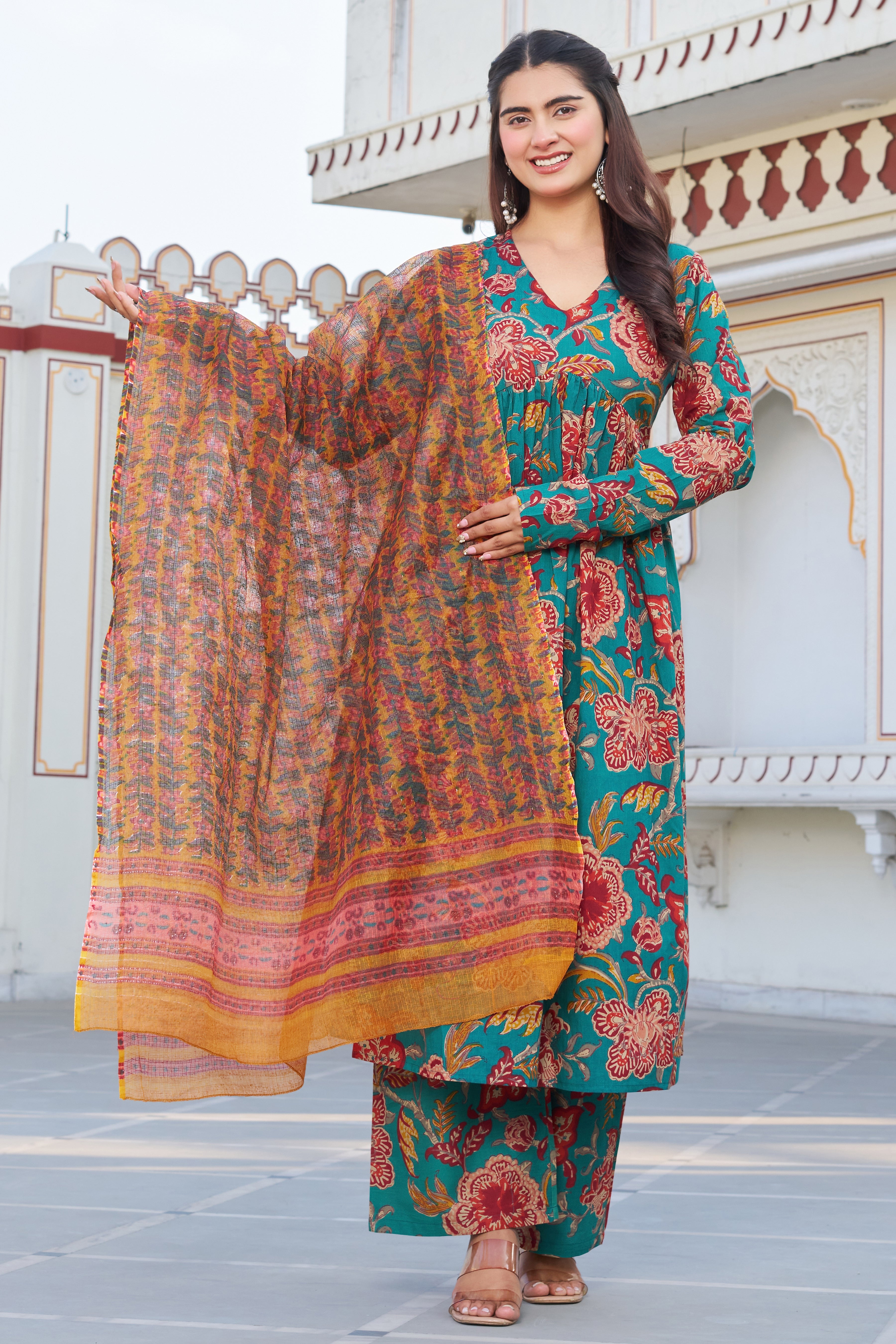 Teal Green Floral Printed Anarkali Kurta Set with Contrast Dupatta – Elegant Ethnic Wear