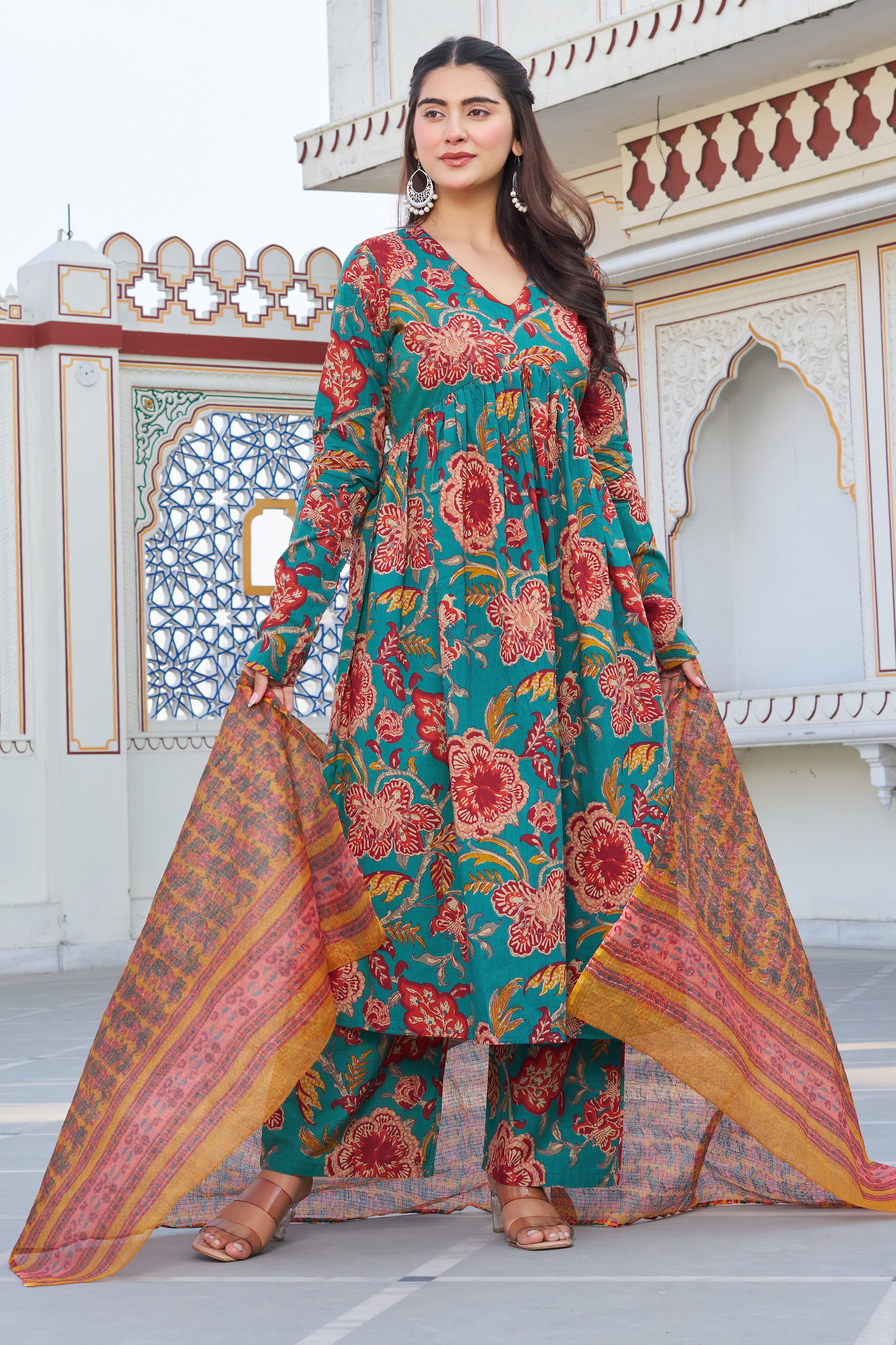 Teal Green Floral Printed Anarkali Kurta Set with Contrast Dupatta – Elegant Ethnic Wear
