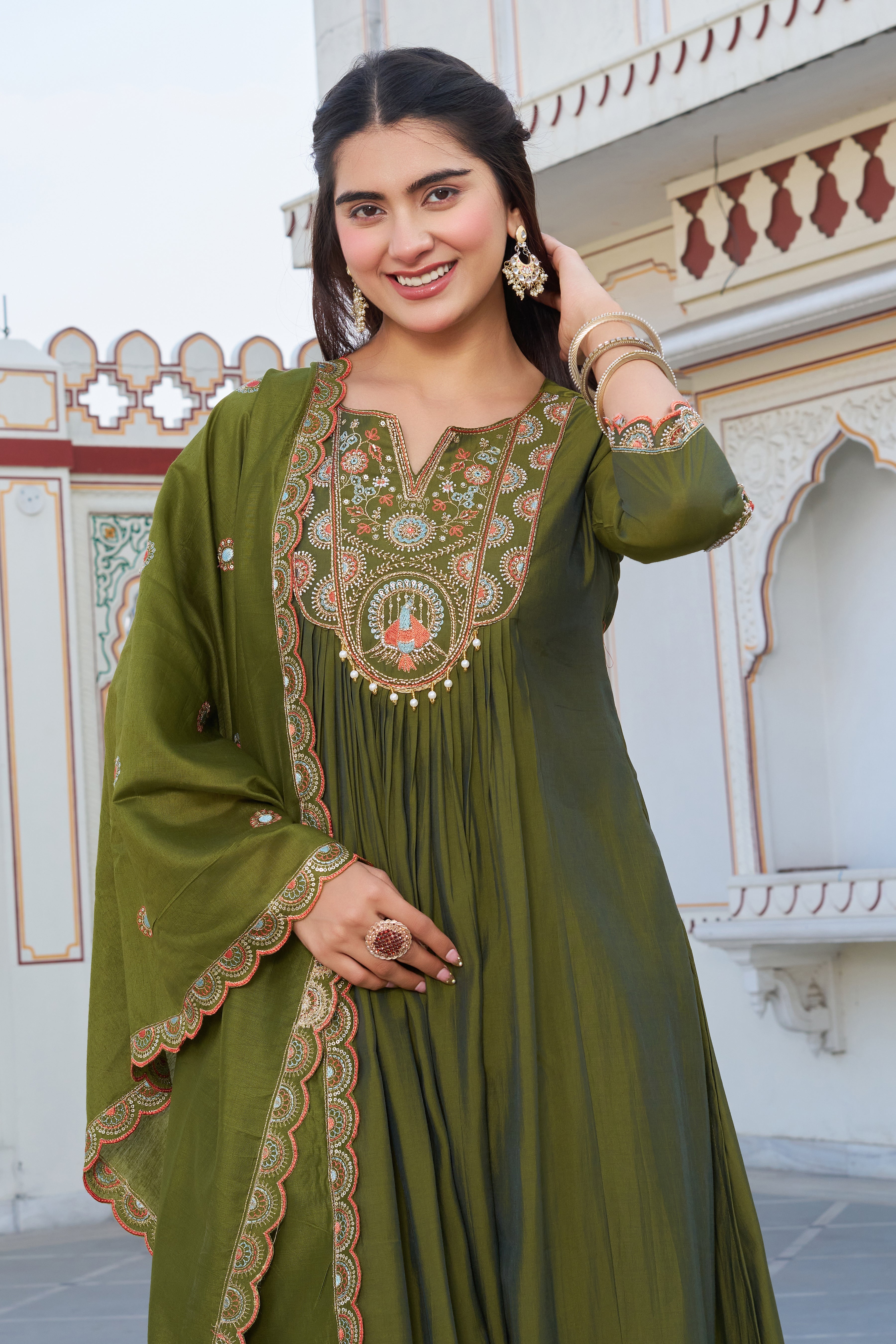 Elegant Olive Green Embroidered Kurta Set with Dupatta for Women