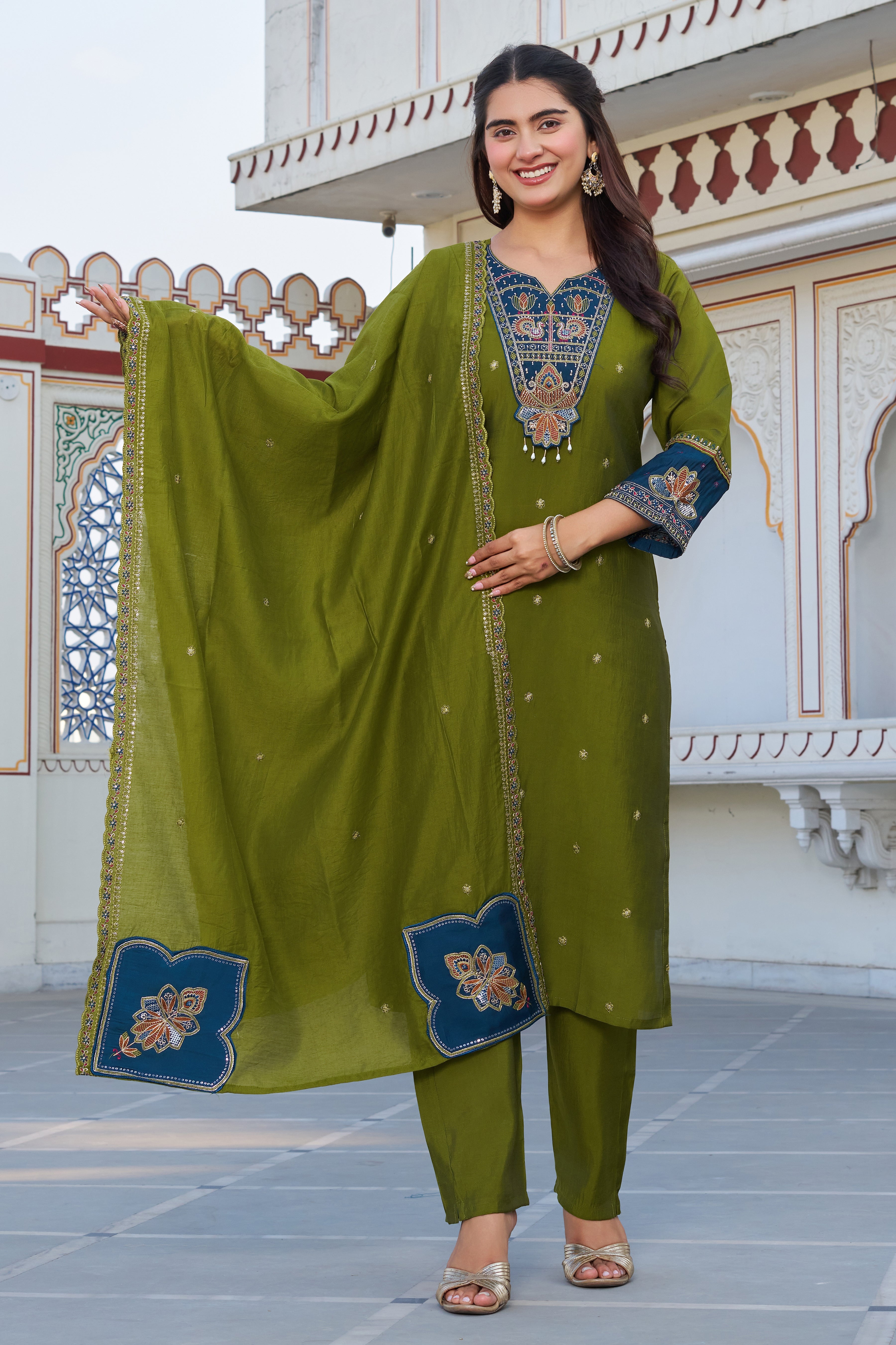 Premium Olive Green Embroidered Kurta Pant Set with Contrast Dupatta