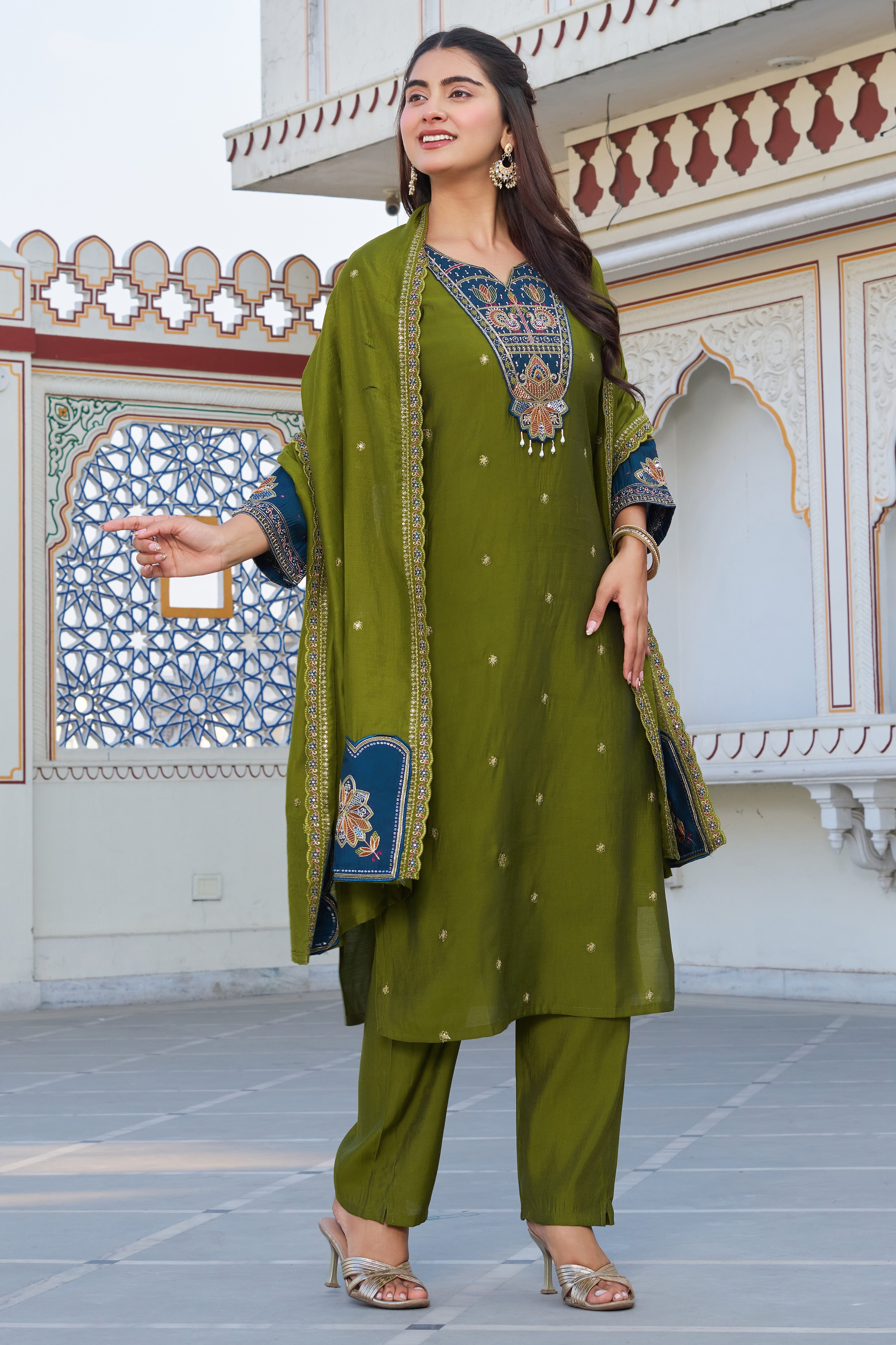 Premium Olive Green Embroidered Kurta Pant Set with Contrast Dupatta