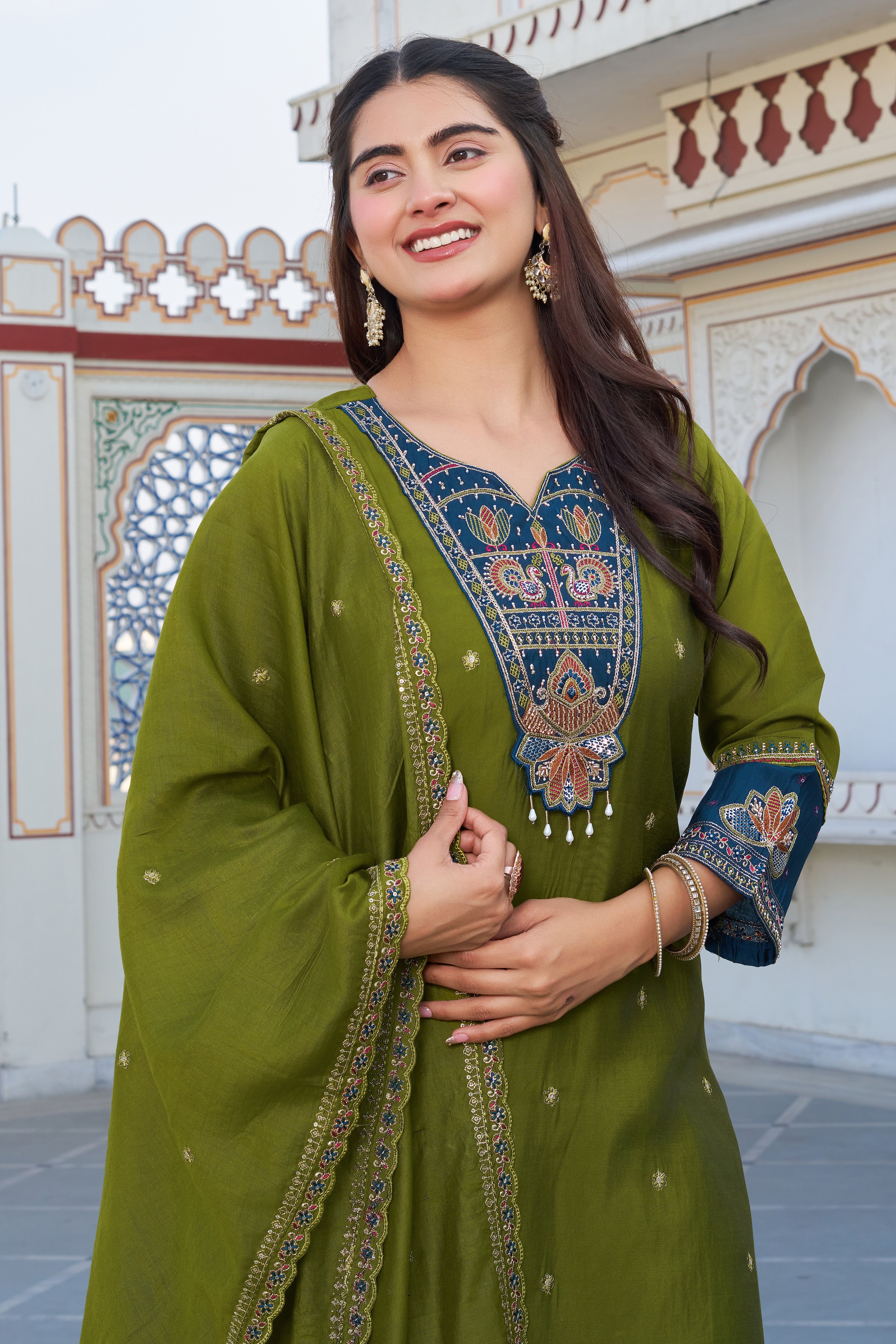Premium Olive Green Embroidered Kurta Pant Set with Contrast Dupatta