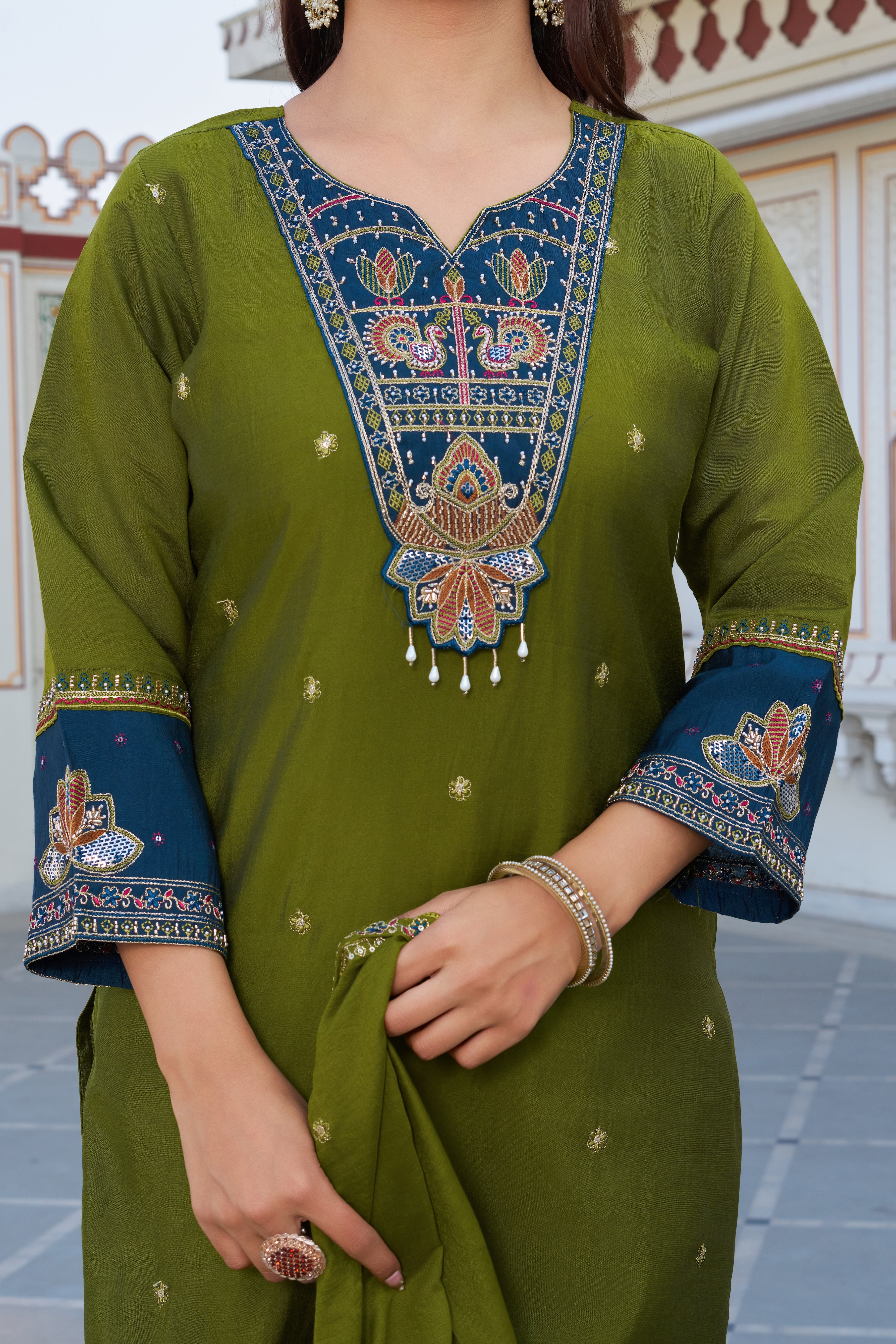 Premium Olive Green Embroidered Kurta Pant Set with Contrast Dupatta