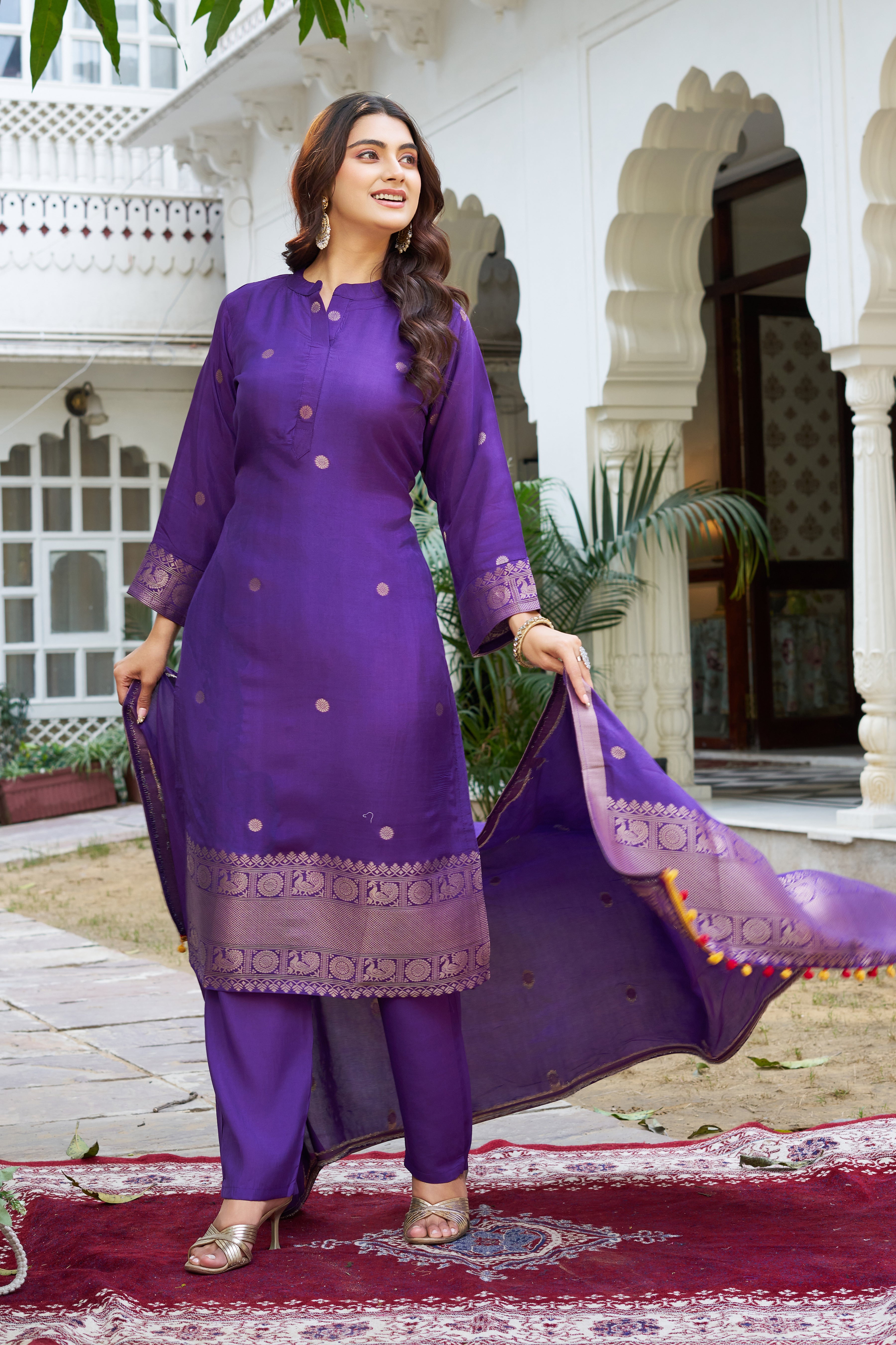 Elegant Purple Kurta Pant Set with Gold Motif Work & Border Dupatta