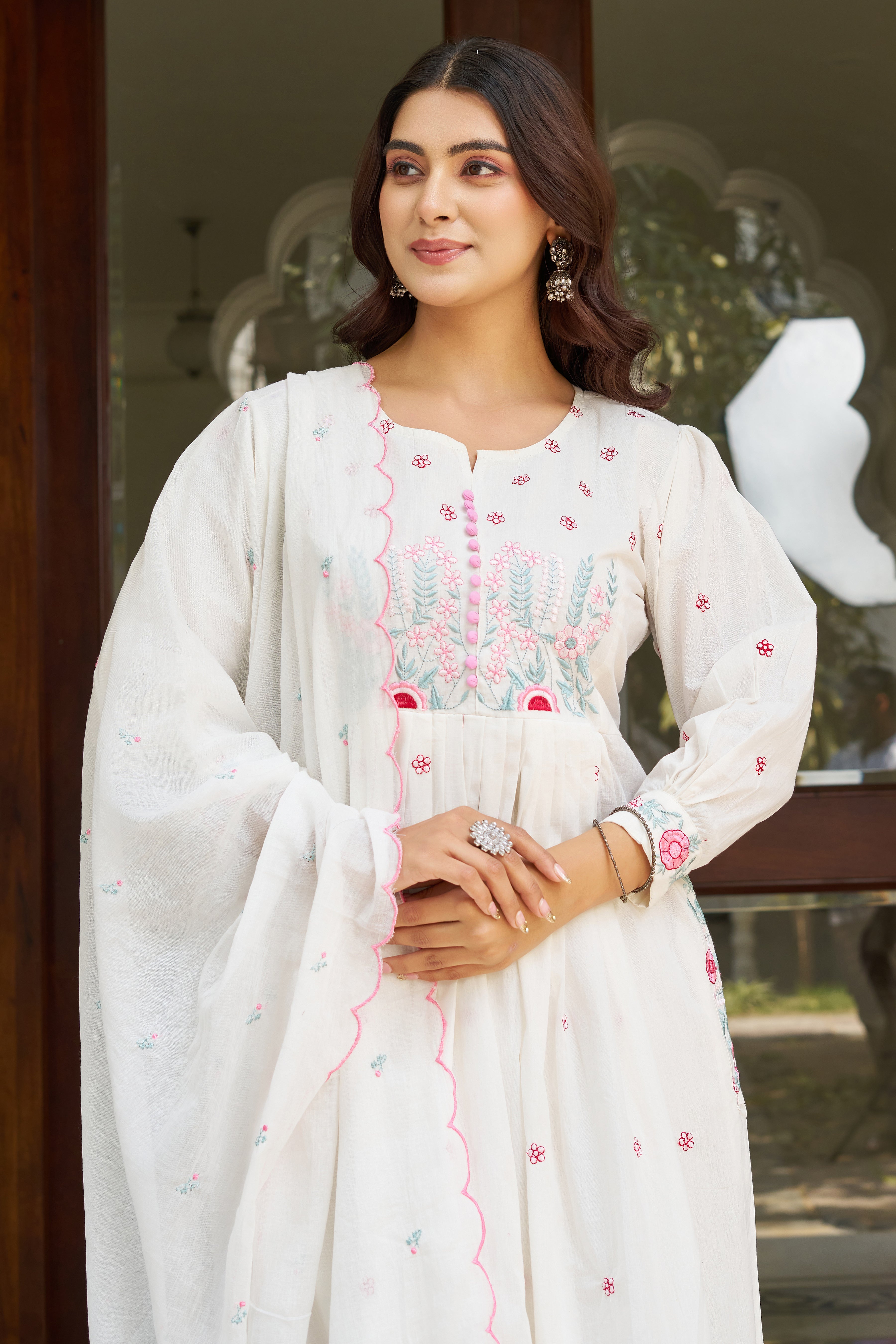 Elegant Embroidered Anarkali Kurta Set with Dupatta – Ivory, Lime Green & Blush Pink