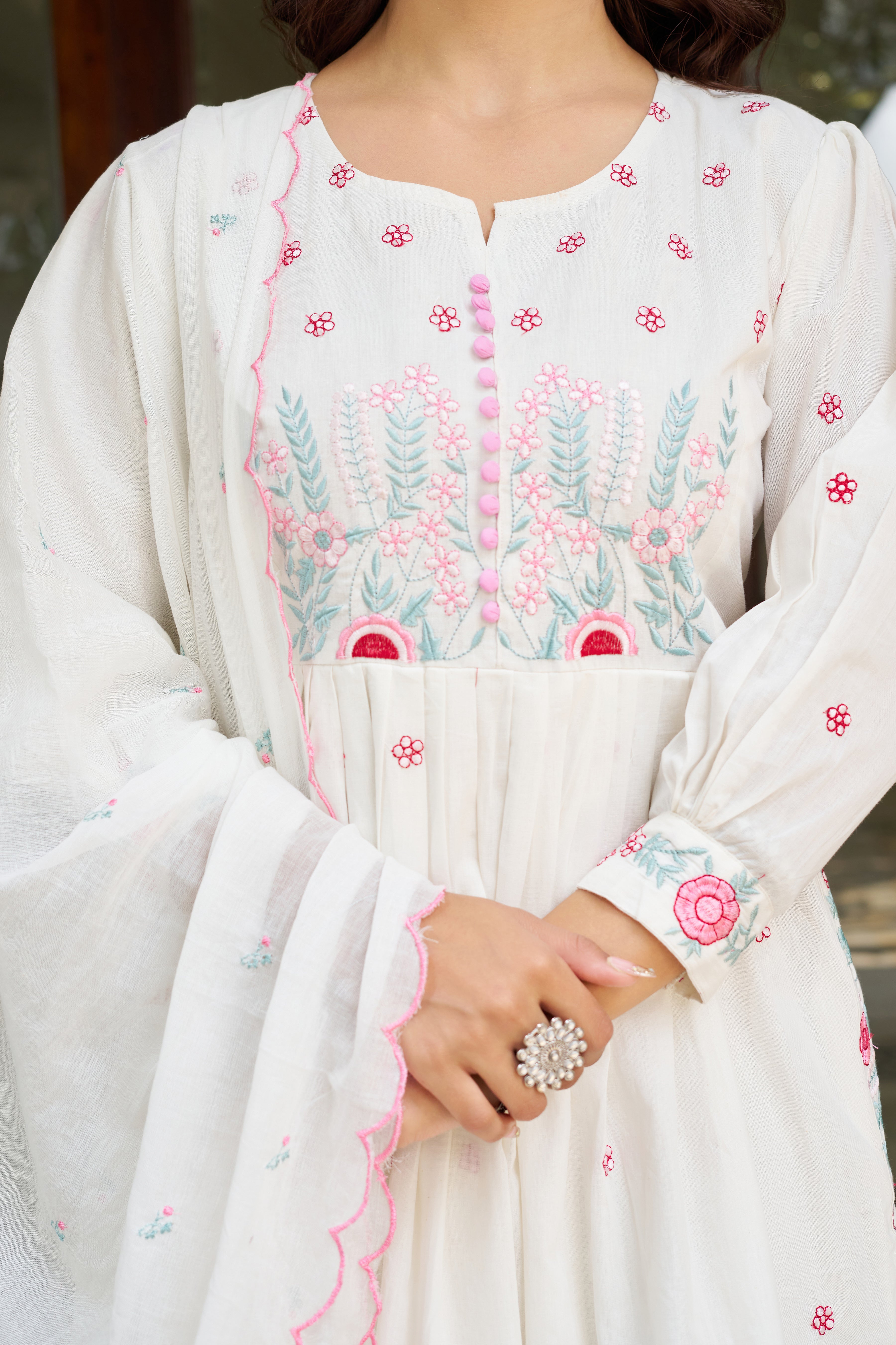 Elegant Embroidered Anarkali Kurta Set with Dupatta – Ivory, Lime Green & Blush Pink